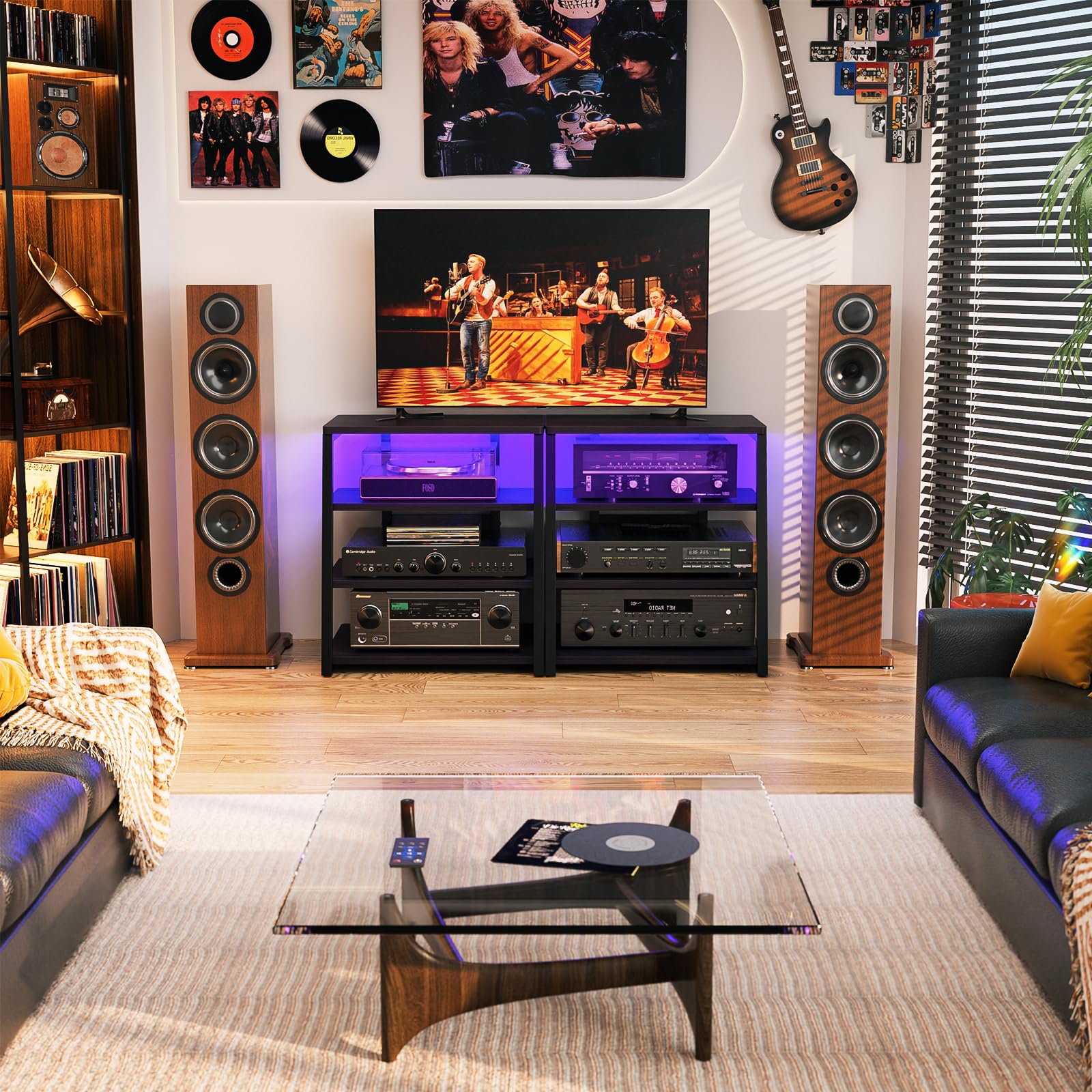 AV Media Stand with Power Outlets & LED Lights - Black Entertainment Center with Storage Shelves for TV, Stereo & Audio Equipment - Perfect for Living Room, Home Theater & Gaming Setup