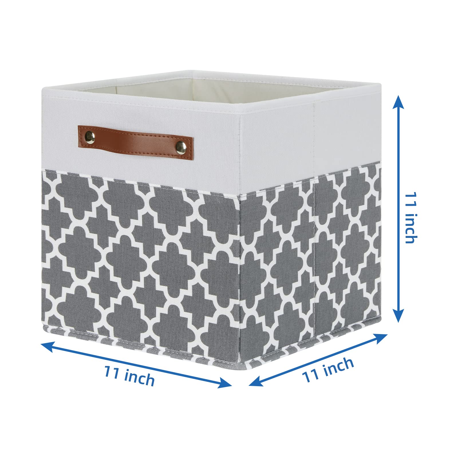 Temary 11x11x11 Inch Cube Storage Bins 4-Pack - Foldable Canvas Organizer Bins with Leather Handles for Closet, Nursery, Office - Grey Lattice Home Organization Solution