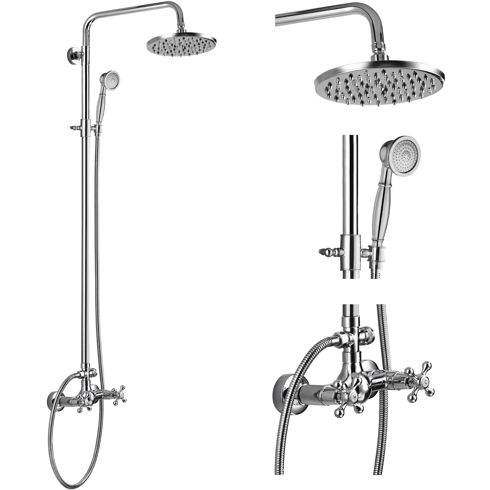 Gotonovo 8 Inch Rainfall Shower Head with Handheld Spray - Polished Chrome Wall Mount Bathroom Faucet Set (2 Functions) - Perfect for Modern Bathrooms & Spa-Like Showers