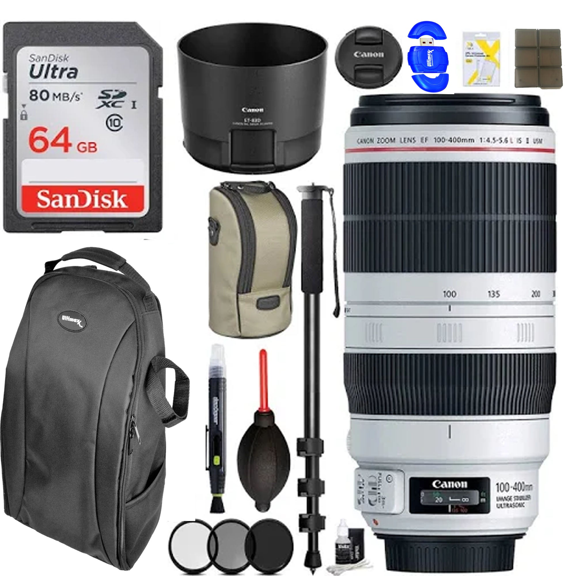 Canon EF 100-400mm f/4.5-5.6L IS II USM Telephoto Zoom Lens with Monopod & 64GB Pro Photo Backpack - Professional Wildlife, Sports Photography & Travel Essentials