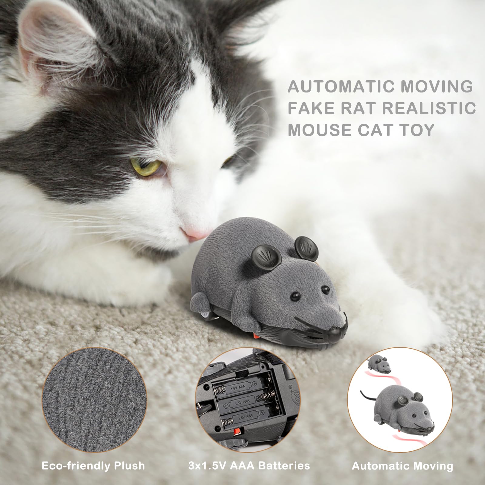 Auto Moving Mouse Cat Toy - Interactive Wireless Electronic Fake Mouse Rat Pet Toy with Running Wheel - Plush Rat Chasing Prank Toy for Cats, Dogs & Kids - Novelty Gift for Indoor Play & Exercise (Grey, No Controller) By Greatstar