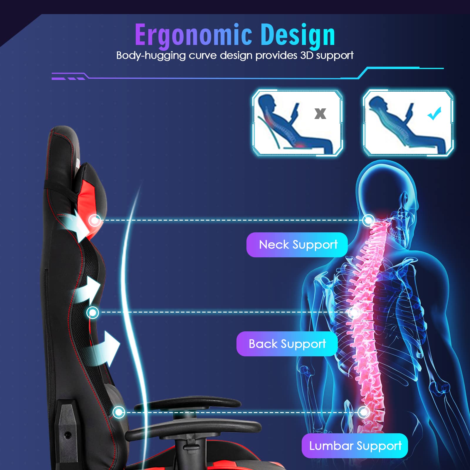 POWERSTONE RGB Gaming Chair with LED Lights - Ergonomic Racing Style Computer Chair for Adults, High Back Office Desk Chair with Adjustable Lumbar Support & Armrests - Perfect for Gaming, Streaming & Home Office (Red)