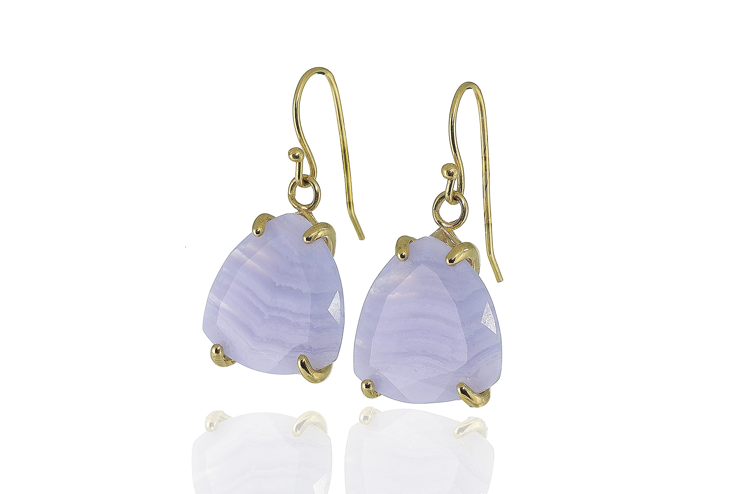 Blue Lace Agate Dangle Earrings - 14K Gold Trillion Cut Gemstone Jewelry - Handmade 4 Prong Stone Earrings for Women - Elegant Blue Purple Color | Perfect for Weddings, Parties & Special Occasions
