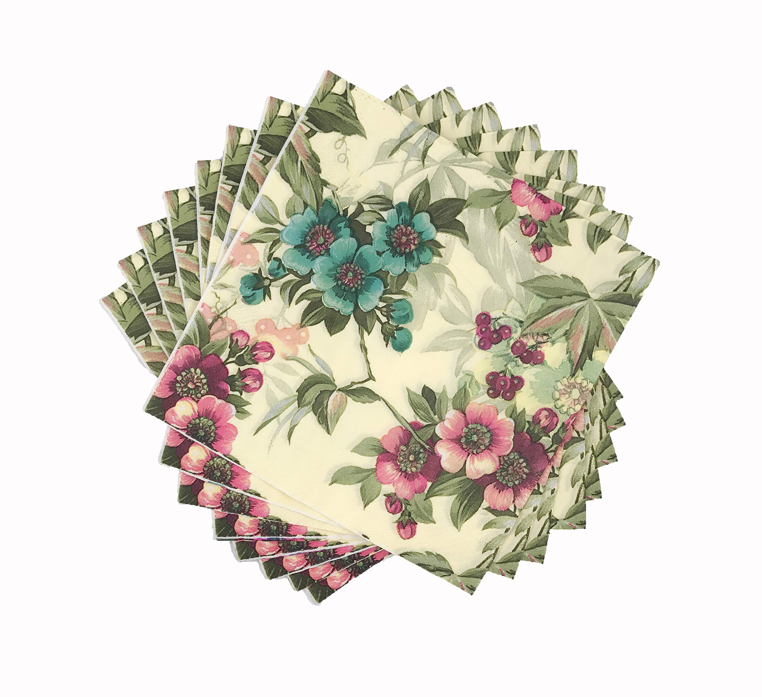 WallyE Shabby Chic Floral Paper Napkins - 20 Pack Mint Green Country Garden Design for Thanksgiving, Wedding & Party Decor | Elegant Disposable Tableware for Dinner, Bridal Shower & Outdoor Events