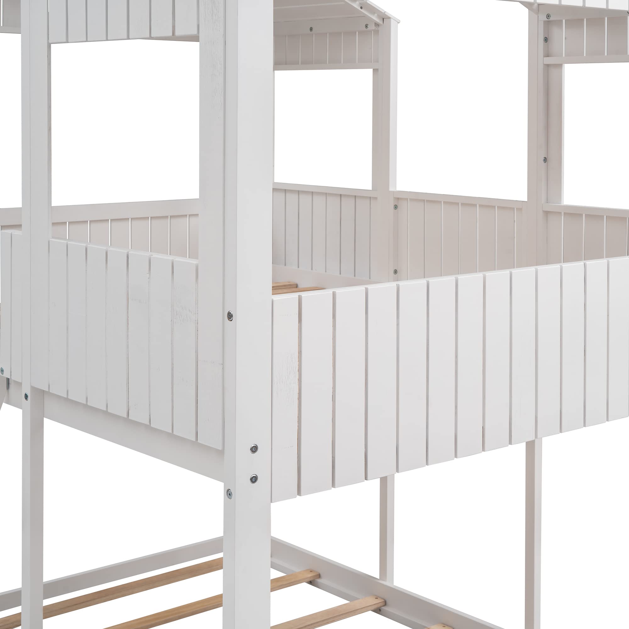 MERITLINE Full Over Full Bunk Bed with Roof - Wooden House Style Bunk Bed Frame with Window, Guardrail & Ladder for Kids, Teens, Boys & Girls (White) - Perfect for Kids' Bedrooms, Shared Rooms & Small Spaces