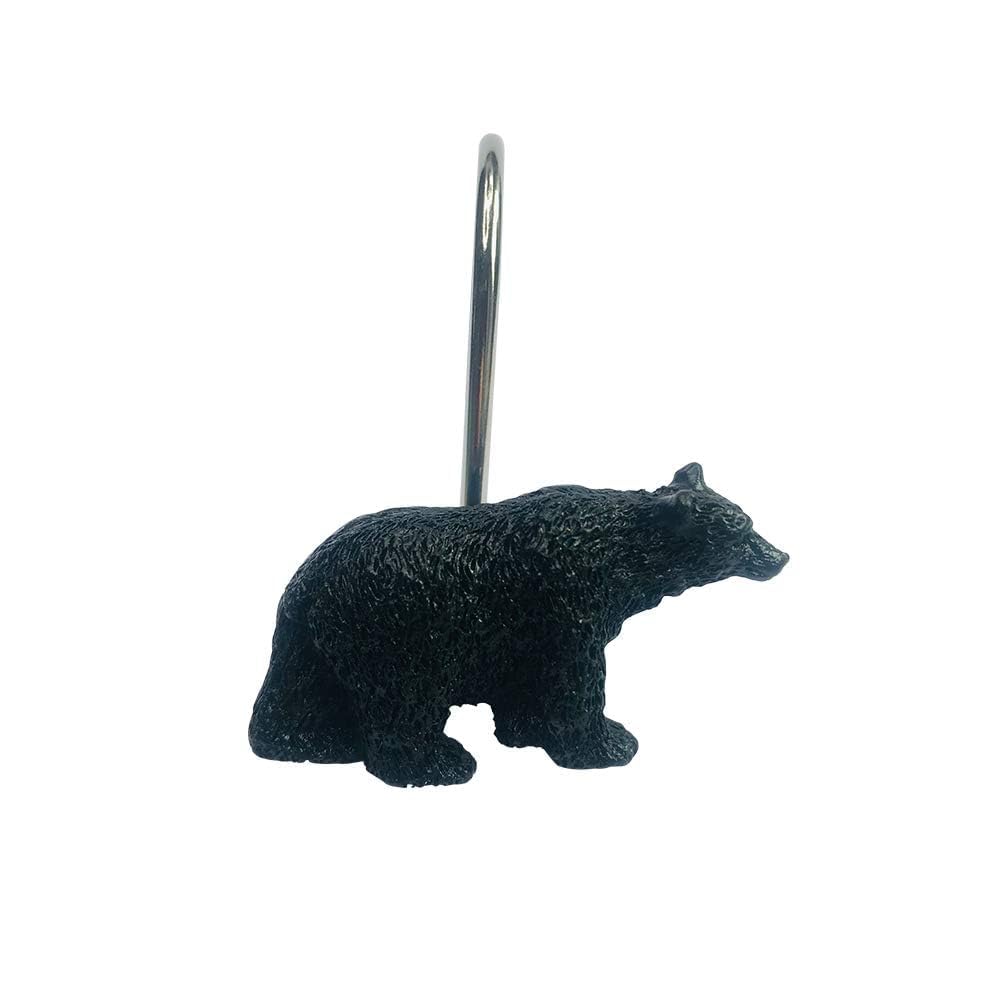 Black Bear Lodge Shower Curtain Hooks Set of 12 - Rustproof Bathroom Accessories for Cabin, Camping & Outdoor Decor - Perfect for Rustic, Lodge & Wilderness Themed Bathrooms
