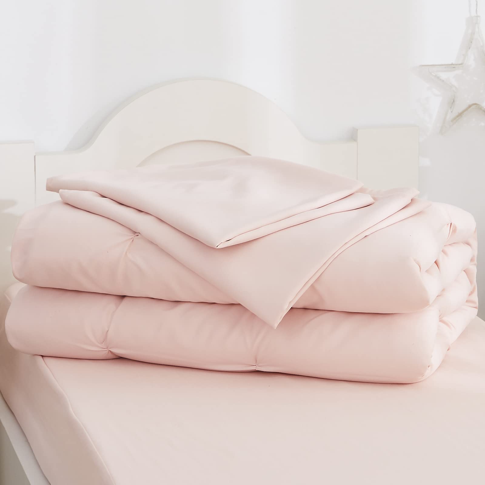 Brandream Pink Pintuck 4-Piece Toddler Bedding Set for Girls - Soft Comforter, Fitted Sheet, Flat Sheet & Pillowcase - Princess-Themed Luxury Kids Bedding | Perfect for Nursery, Daycare & Sleepovers