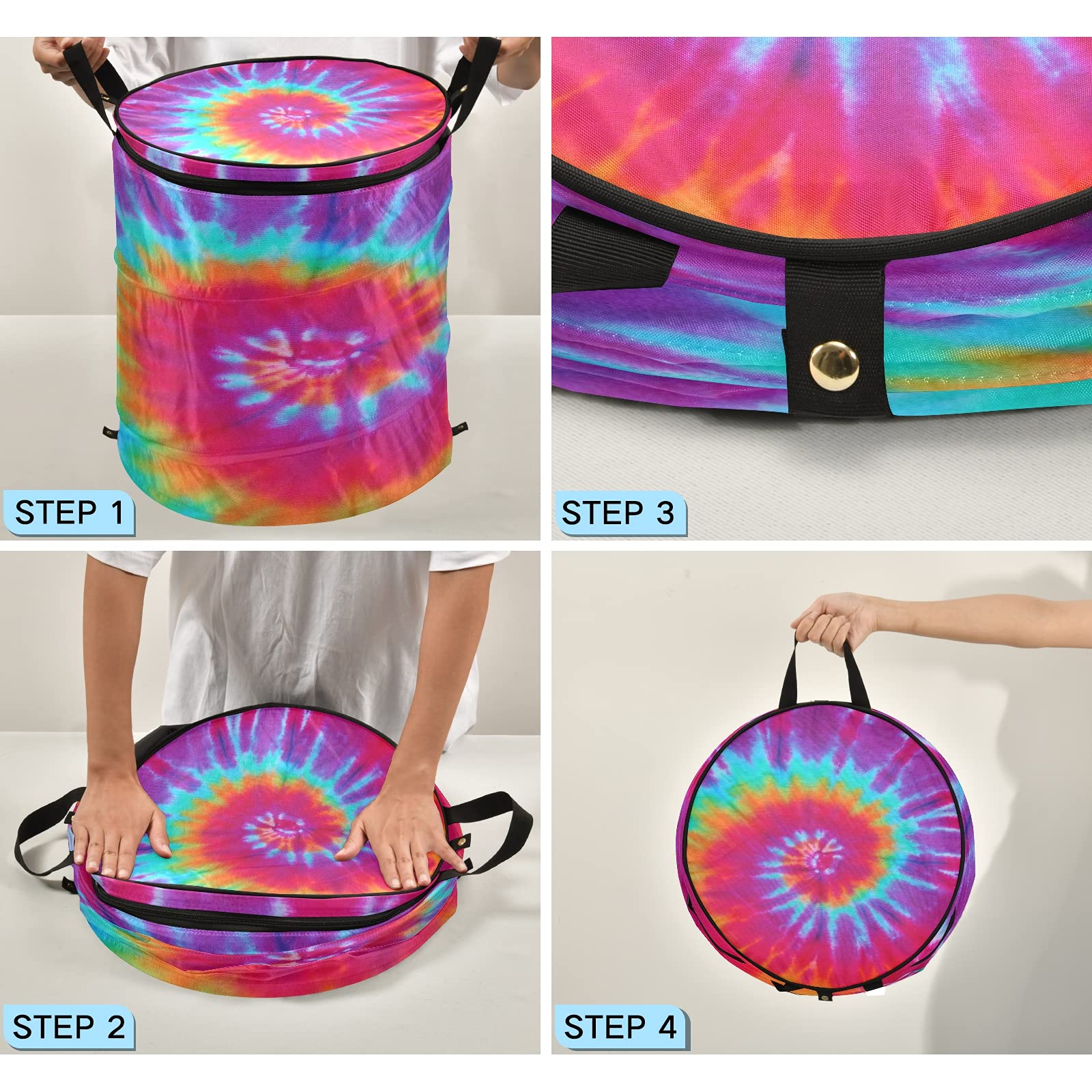 Pop Up Laundry Hamper - Ethnic Swirl Tie Dye Round Collapsible Clothes Basket with Zipper Lid | Portable Storage Bin for Toys, Clothes & Organizing | Perfect for Dorms, Travel & Home Use