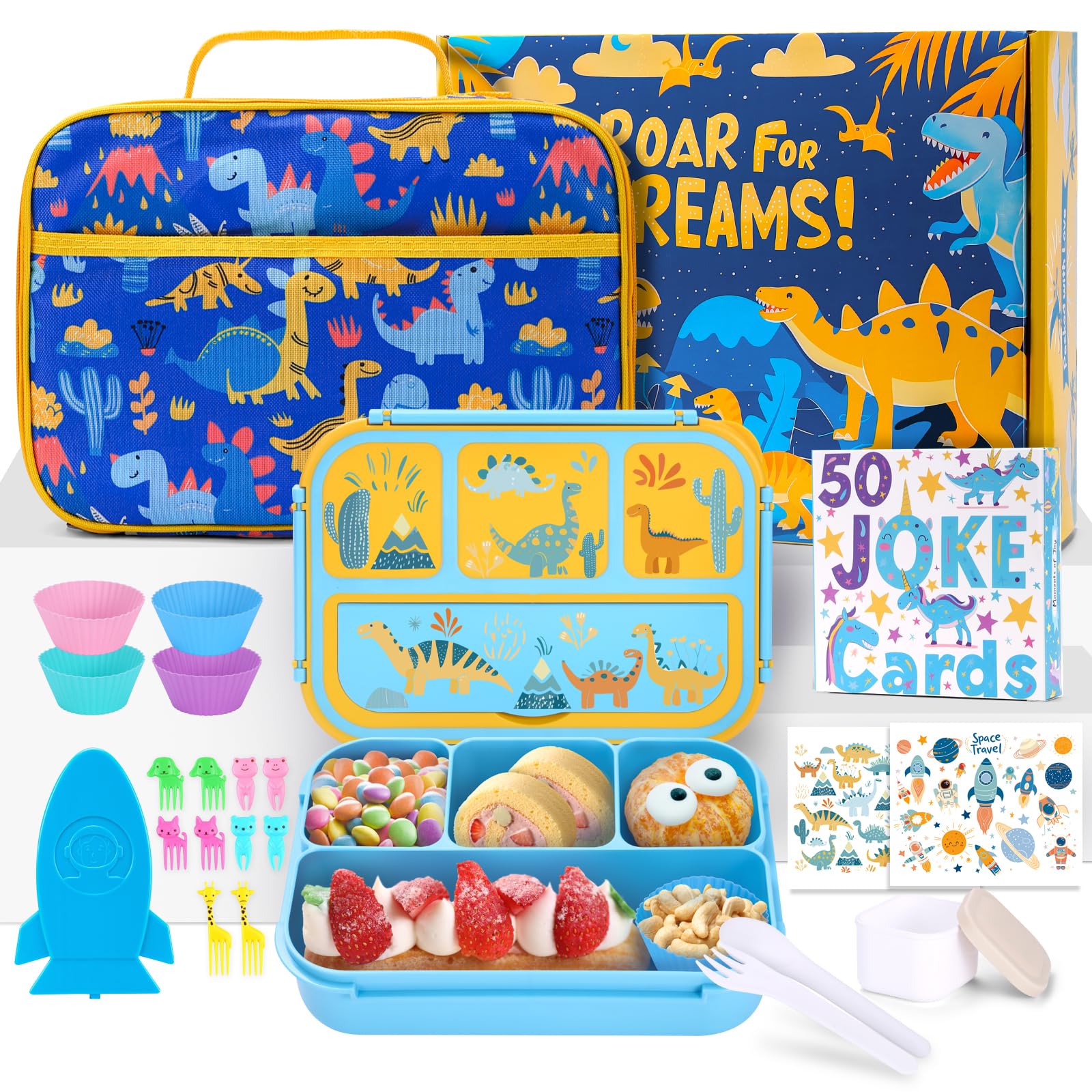 QQKO Insulated Bento Lunch Box Set for Kids - 4-Compartment Dinosaur Themed Lunch Container with Ice Packs, Utensils & Sauce Cup - Perfect for School, Picnics & Travel (Includes Insulated Lunch Bag & Muffin Cups)
