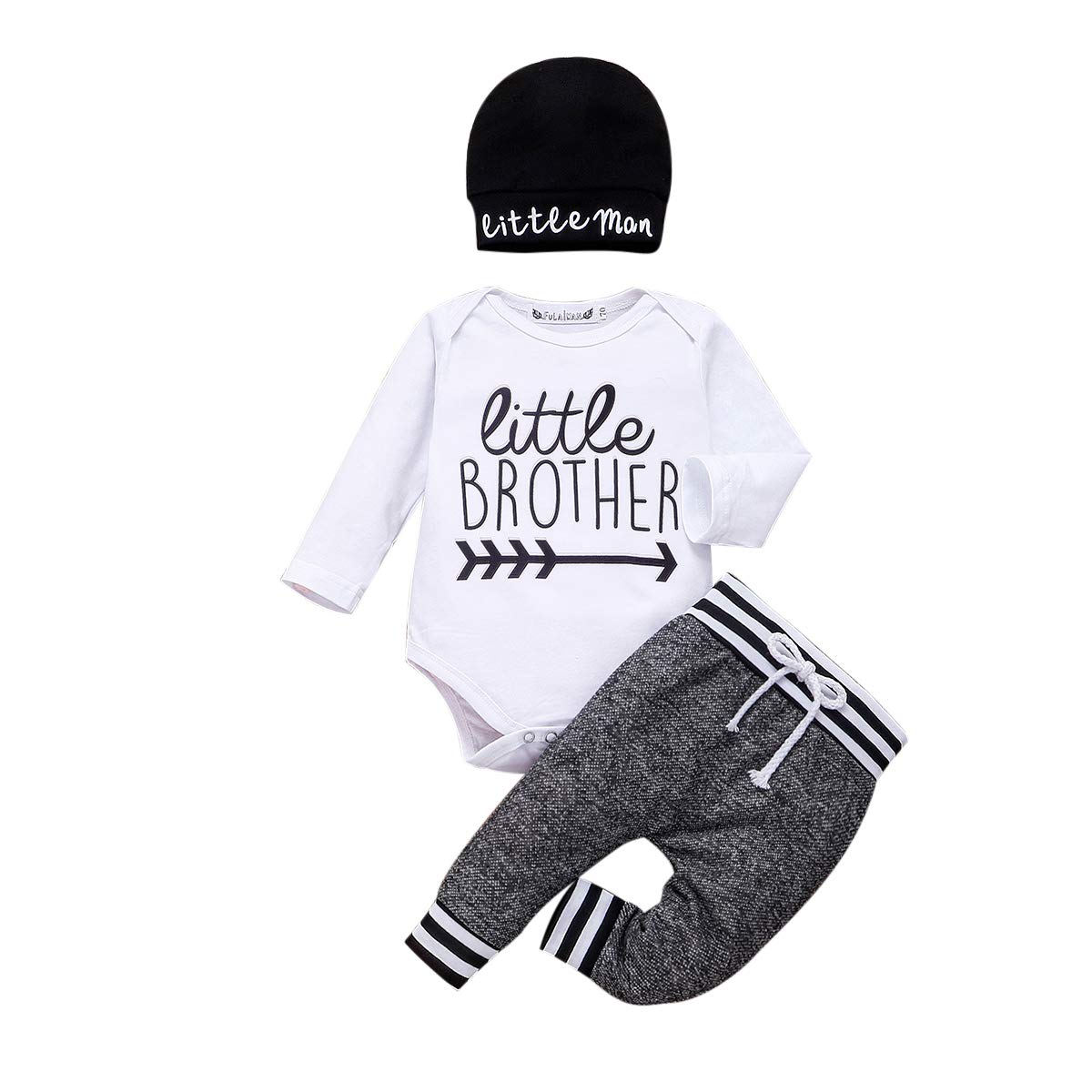 Newborn Baby Boy Outfit - Little Brother Letter Print Romper, Long Pants & Hat 3-Piece Set | Soft Cotton Fall Winter Clothes for Infants | Perfect for Family Photos, Holidays & Daily Wear