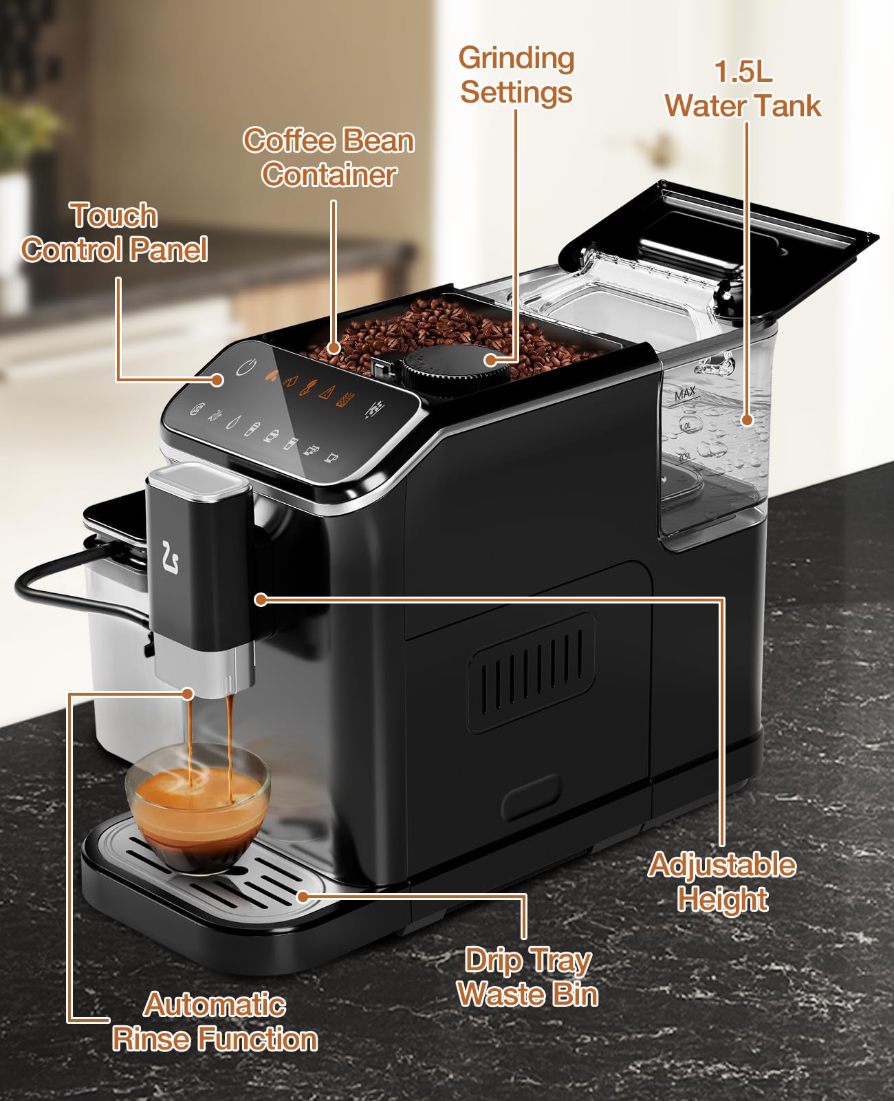 Premium 20 Bar Super-Automatic Espresso Machine with Built-in Adjustable Grinder & Milk Tank - 15 Grind Size Levels - Perfect Gift for Coffee Lovers - Ideal for Home, Office & Cafe Use