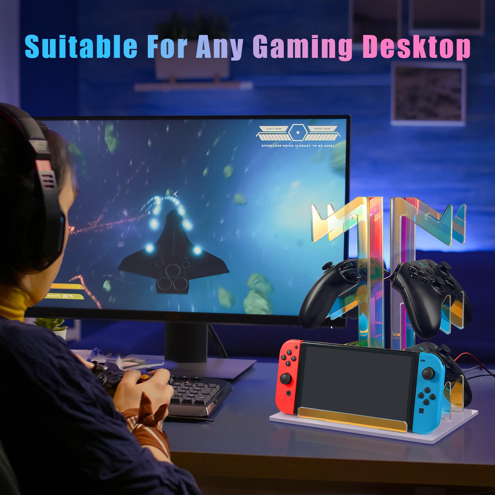 NiHome Iridescent Acrylic 3-Tier Game Controller Stand - Universal Holder for PS5, Xbox ONE, Switch Controllers & Headsets - Anti-Slip Stable Gaming Organizer with White Base - Perfect for Gaming Setup & Accessories Storage