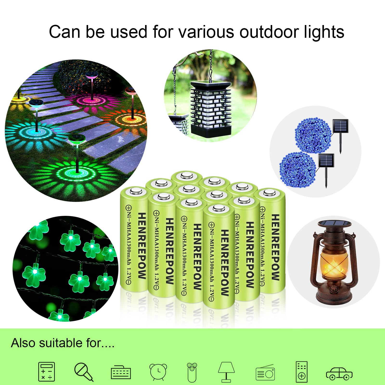Henreepow Ni-MH AA Rechargeable Batteries 12-Pack - 1.2V 1300mAh High Capacity Double A Batteries, Pre-Charged for Solar Lights, Outdoor Lighting & Garden Decor - Perfect for Pathway Lights, String Lights & Landscape Lighting