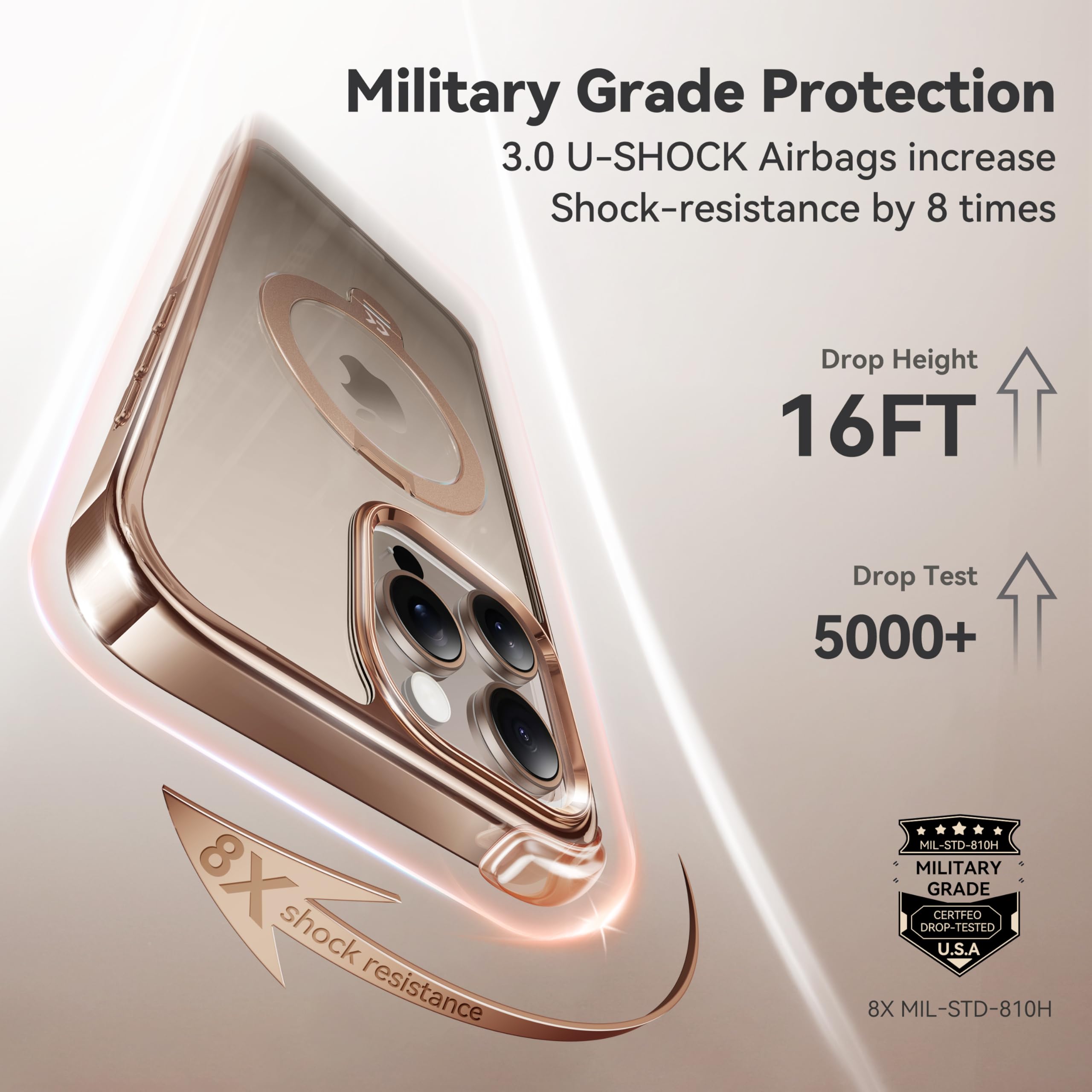 CASEKOO Titanium Magnetic Case for iPhone 16 Pro - 360° Rotating Stand | Magsafe Compatible | 16FT Military-Grade Protection | Clear Polished Finish with Rose Gold Kickstand (6.3