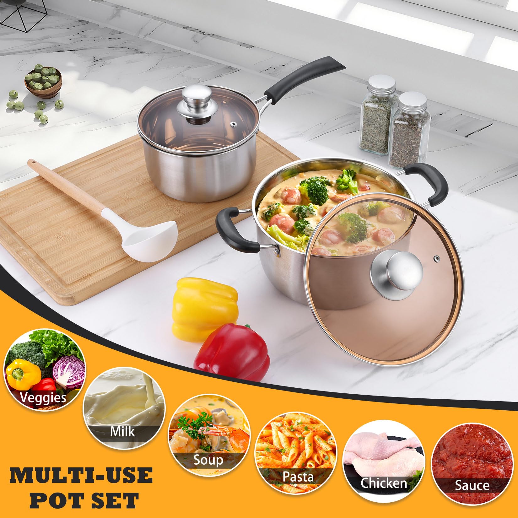 Premium P&P CHEF Stainless Steel Saucepan and Stockpot Set with Lid - 2QT & 4QT Kitchen Cookware for Boiling, Stewing & Cooking - Heat-Resistant Handles & Glass Lid - Dishwasher Safe - Perfect for Home Chefs & Professional Kitchens