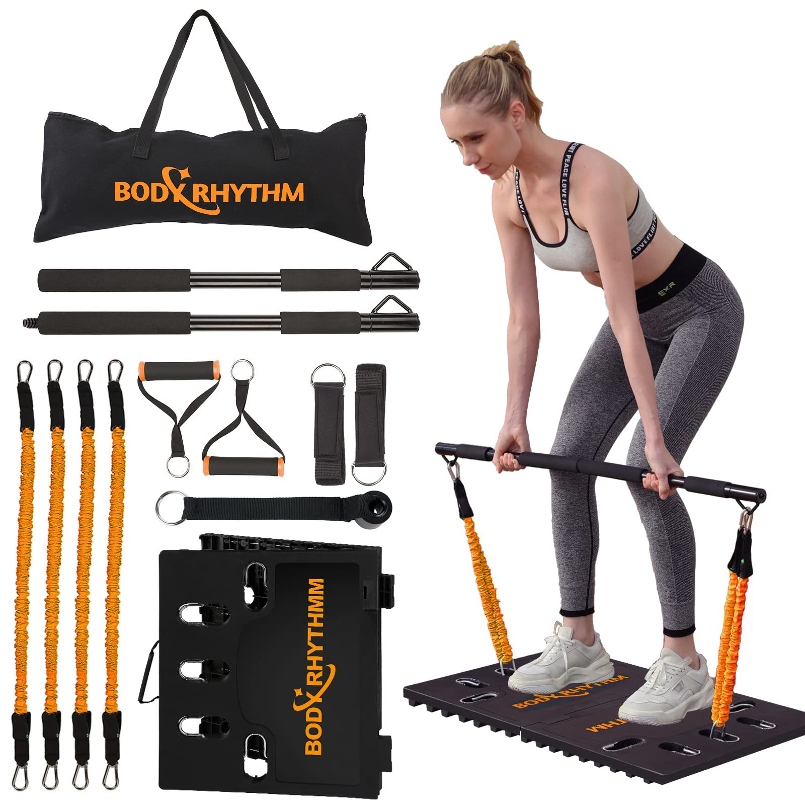 BODY RHYTHM Portable Home Gym System - 150 lbs Resistance Bands with Collapsible Bar & Handles - Full Body Workout Equipment for Men & Women - Perfect for Home Fitness, Travel & Small Space Workouts