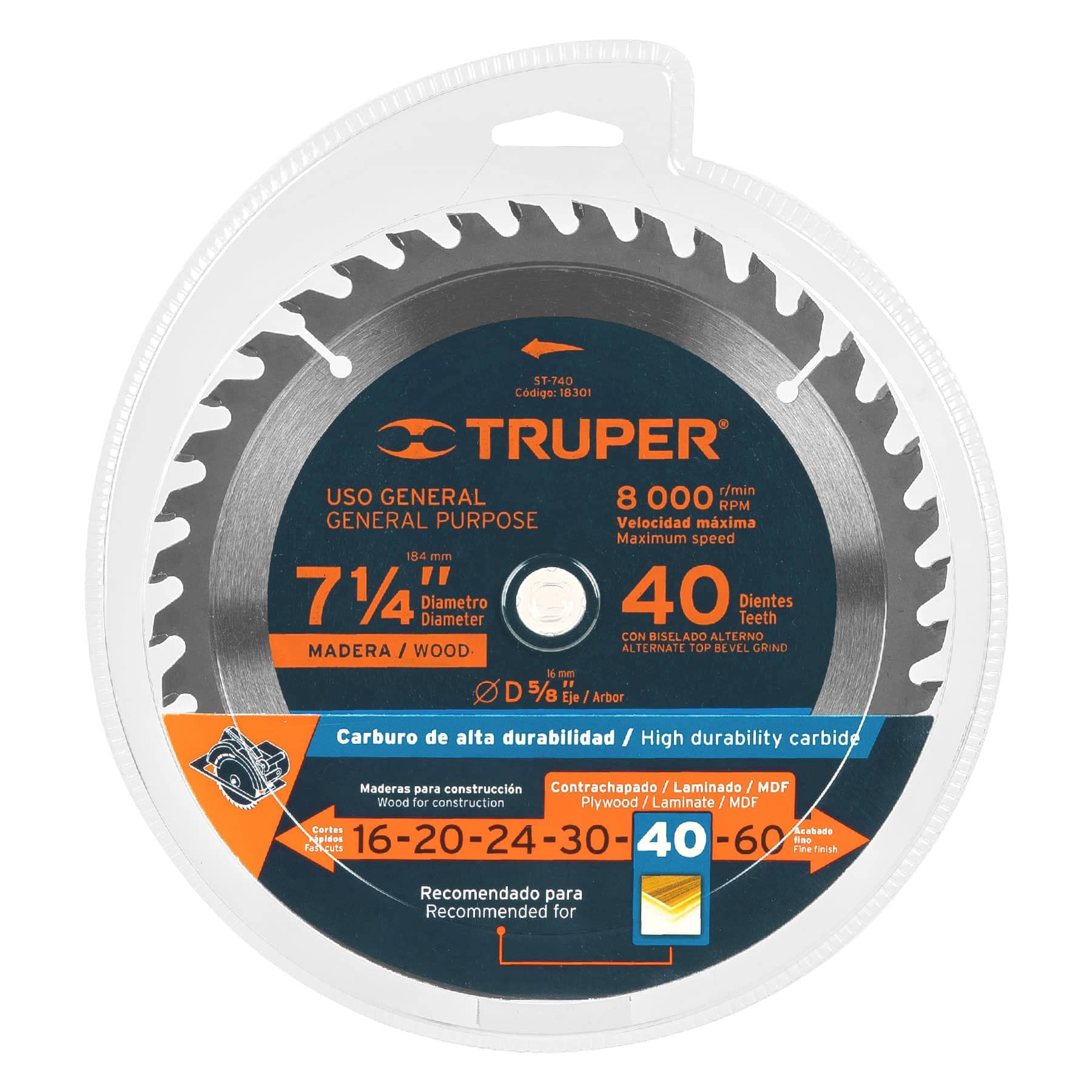 TRUPER ST-740 7 1/4 Inch 40-Tooth Circular Saw Blade with 5/8 Inch Arbor for Wood Cutting - Perfect for DIY Projects, Carpentry, and Woodworking