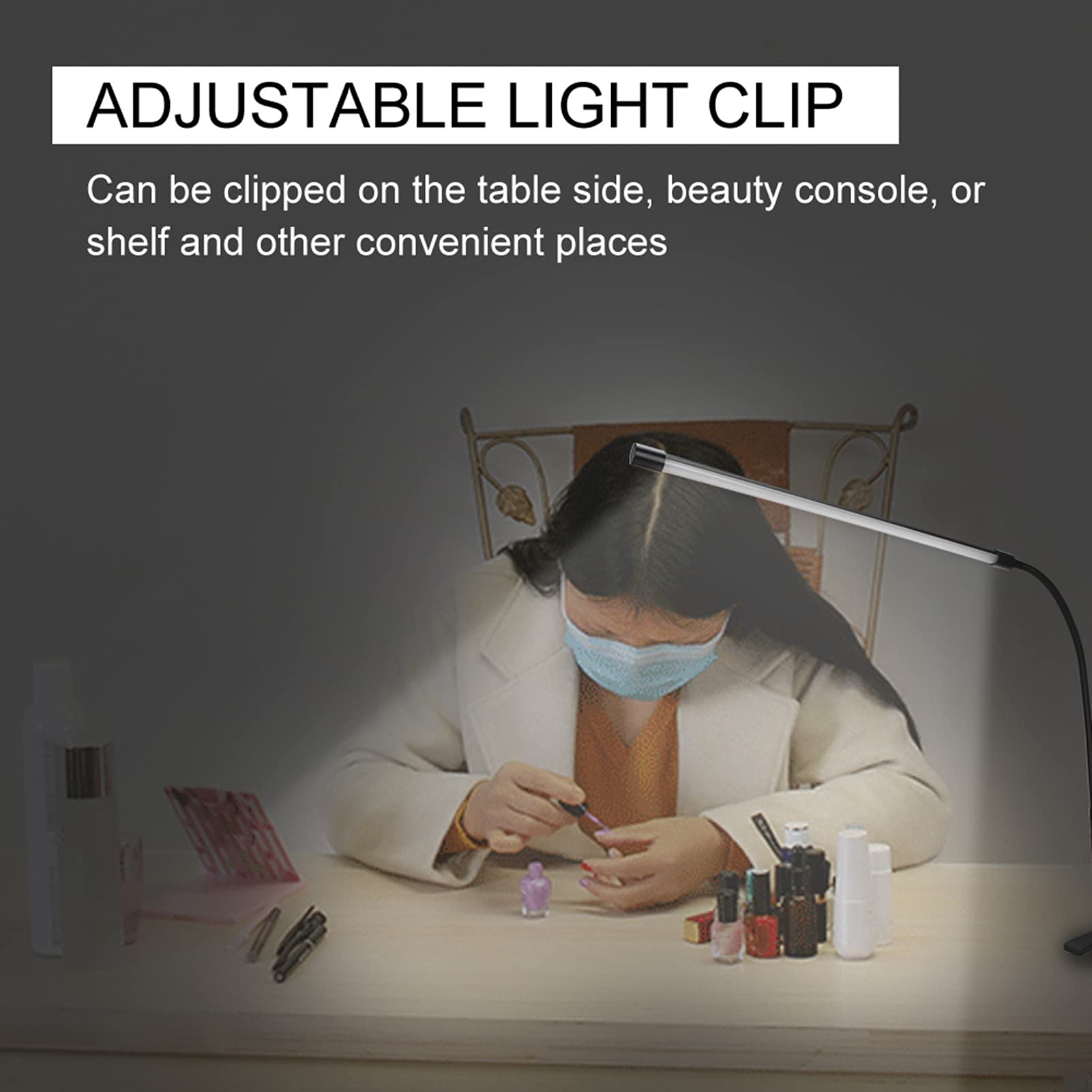 EXCLUZO Long Arm Desk Lamp with Multi-Angle Adjustment & Dimmable Light - 360° Flexible Bendable for Nail Art, Eyelash Extensions, Makeup, Reading & Office Work