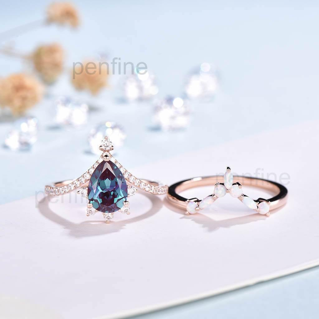 Art Deco Style Alexandrite & Opal Engagement Ring Set - 2 Piece Vintage Bridal Jewelry for Weddings & Anniversaries