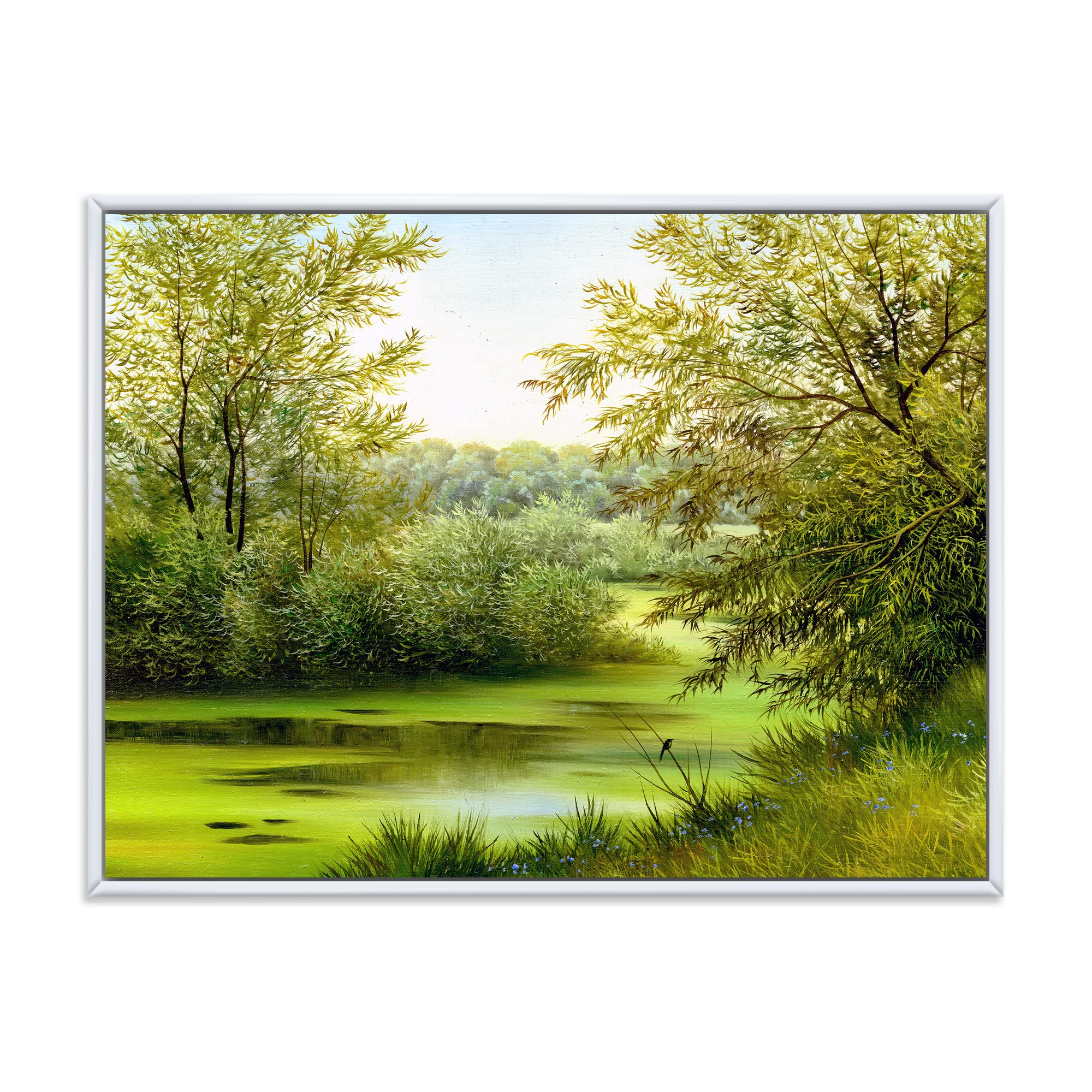 DesignQ Green Pond With Spring Trees - Country Framed Canvas Wall Art Print for Living Room, Bedroom & Office Decor | Nature Landscape Painting | Ready to Hang Home Decoration
