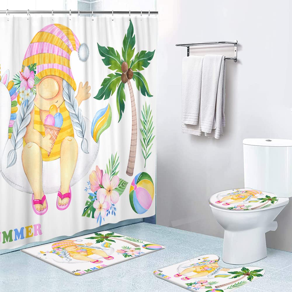LOKMU 4-Piece Waterproof Shower Curtain Set with Non-Slip Bath Mat & Toilet Lid Cover - Summer Gnome Girl Balloon Unicorn Palm Watercolor Design - Includes 12 Hooks - 72