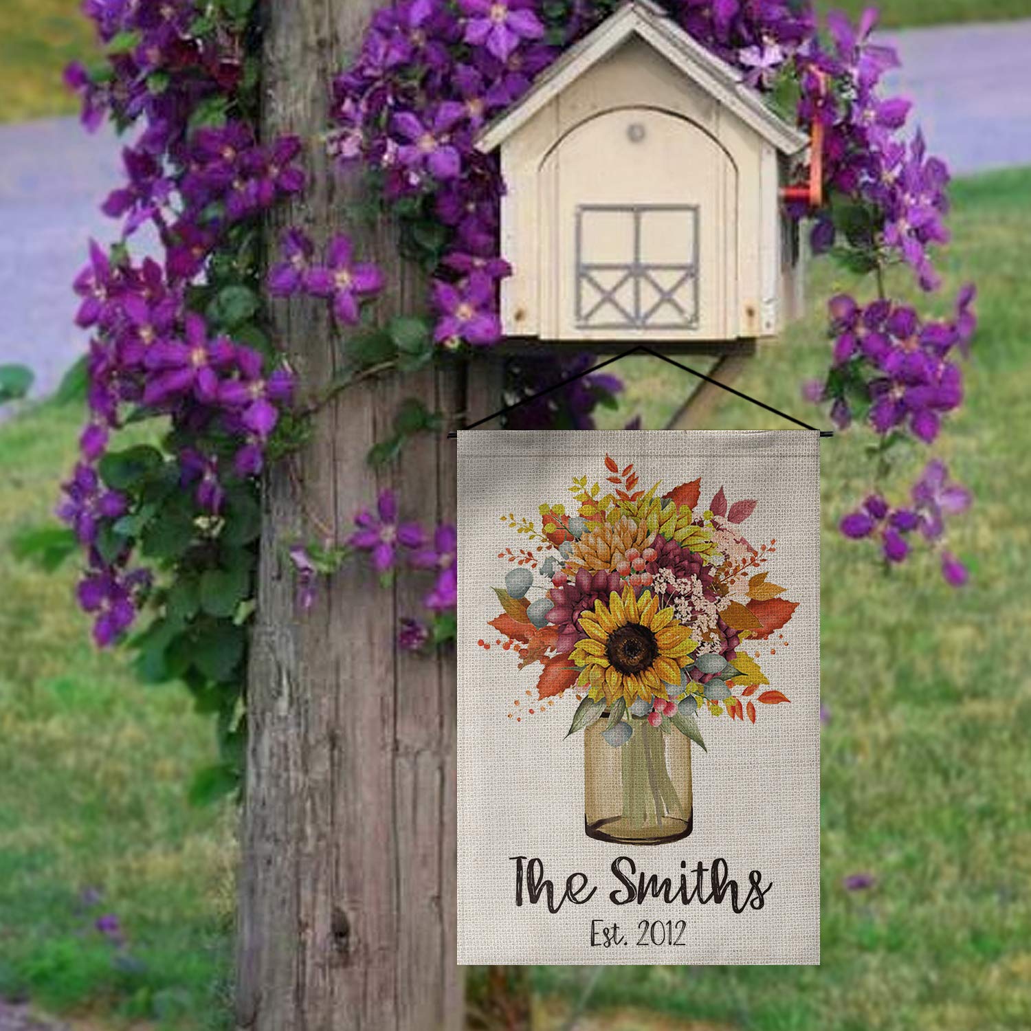 Custom Personalized Sunflower Mason Jar Garden Flag - Double Sided 12x18 Inch Rustic Farmhouse Decor with Family Name & Established Year | Perfect for Outdoor Yard, Porch & Garden Decoration