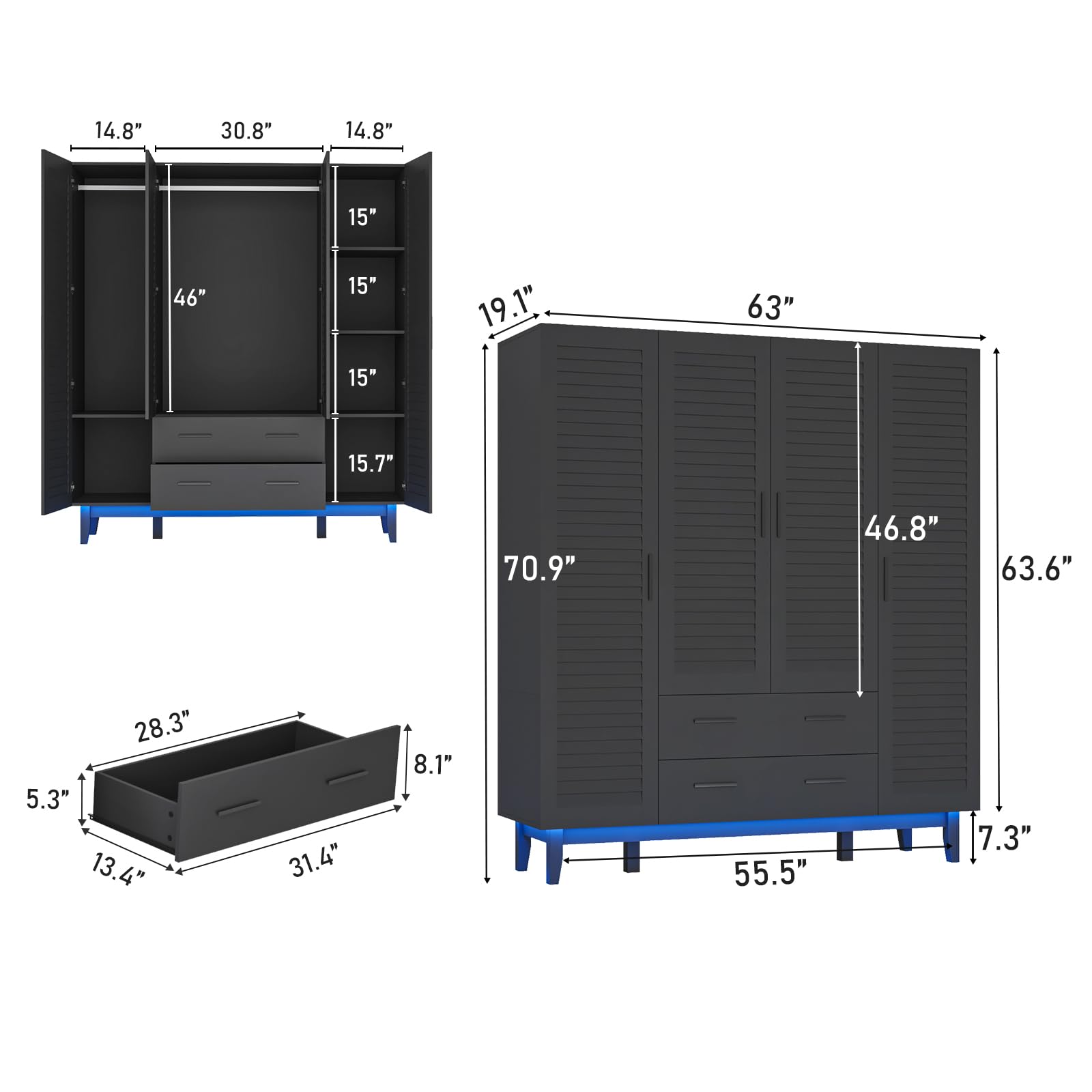 4 Door Armoire Wardrobe Closet with LED Lights, Drawers & Hanging Rod - Large Capacity Storage Cabinet for Bedroom with Multi-Tier Shelves & Louver Doors (Black) - Perfect for Organizing Clothes, Shoes & Accessories in Master Bedroom or Guest Room