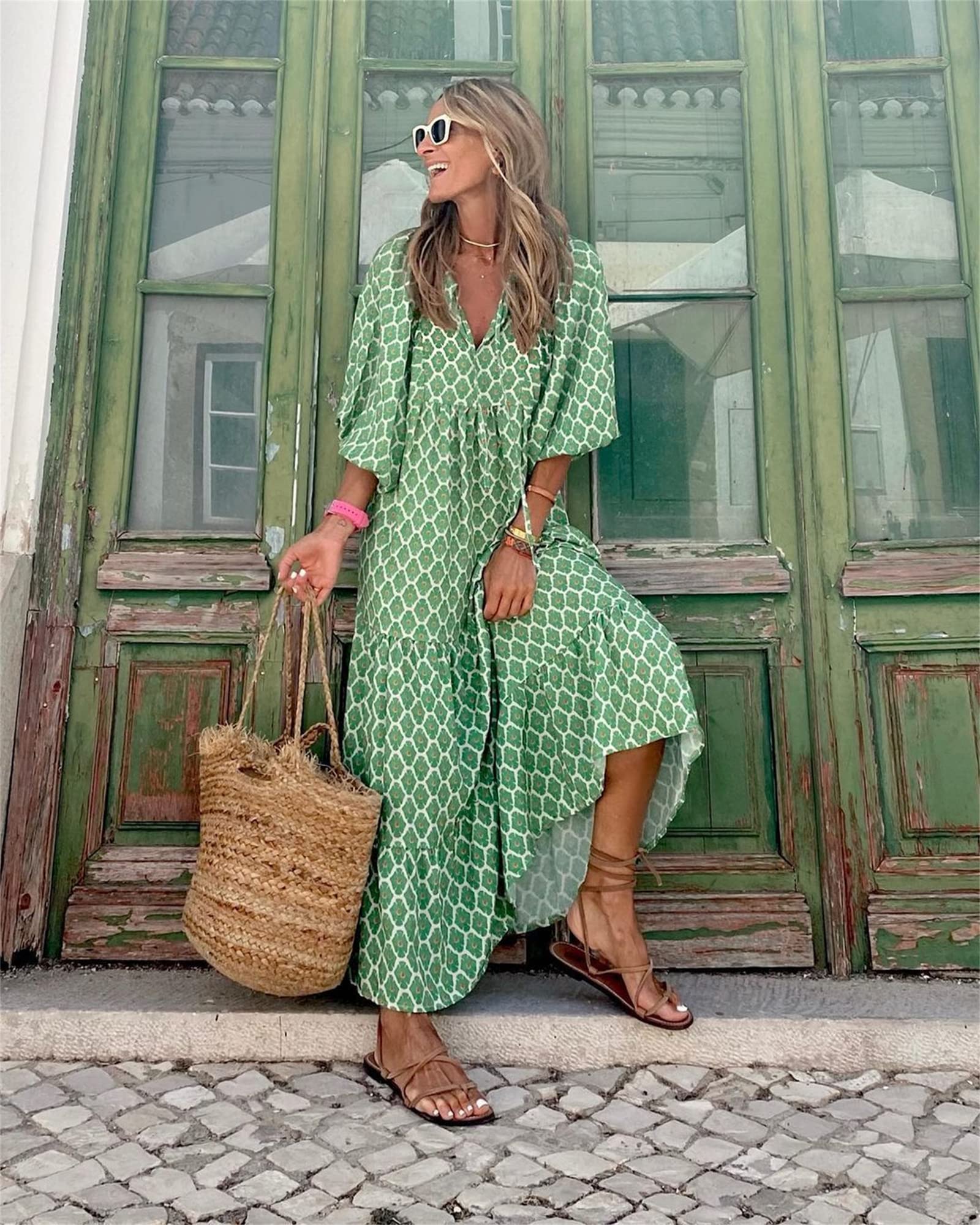 Women's Casual Boho Maxi Dress - Short Sleeve Floral Sun Dress with Flowy Bohemian Ruffles | Perfect for Summer Beach Vacations, Music Festivals & Boho Chic Outfits