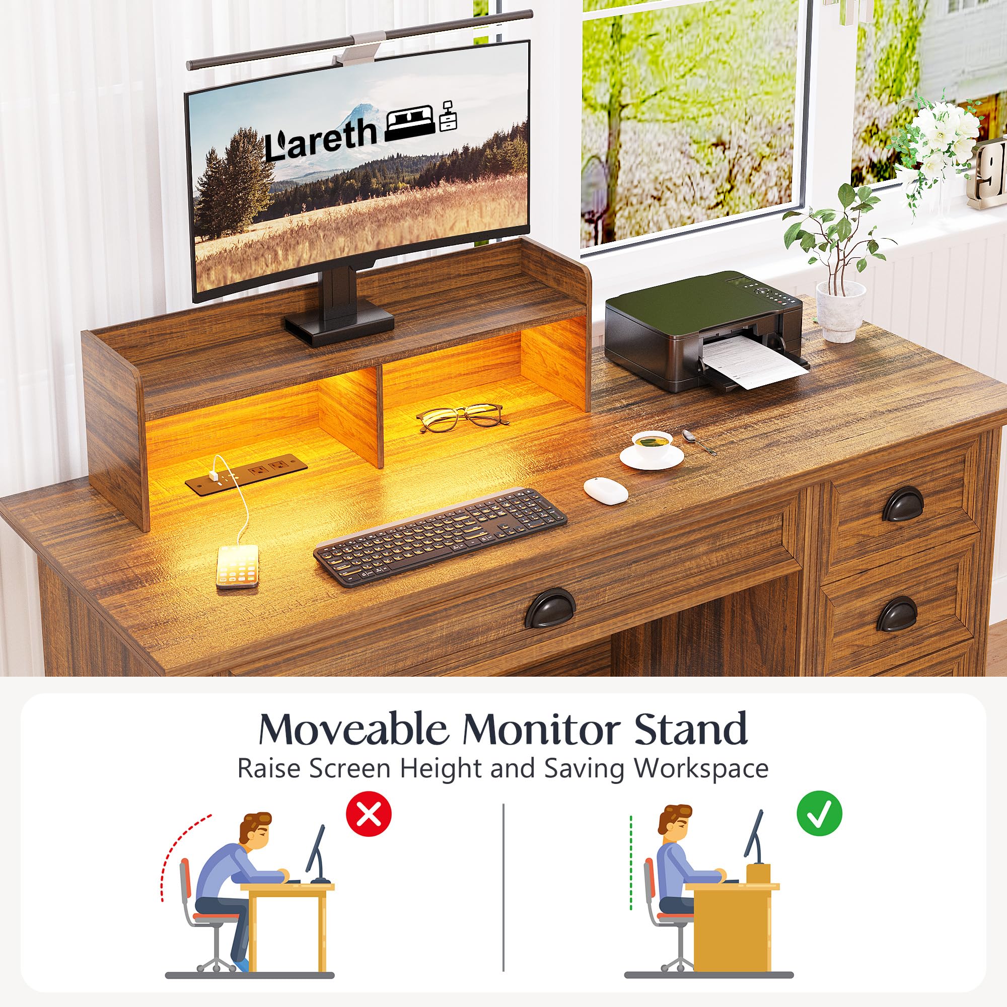 Farmhouse Computer Desk with Monitor Stand - 47 Inch Home Office Desk with LED Lights & Power Outlets, Writing Desk with Storage File Drawer for Working, Gaming & Study - Walnut Finish - Perfect for Home Office, Gaming Setup & Remote Work
