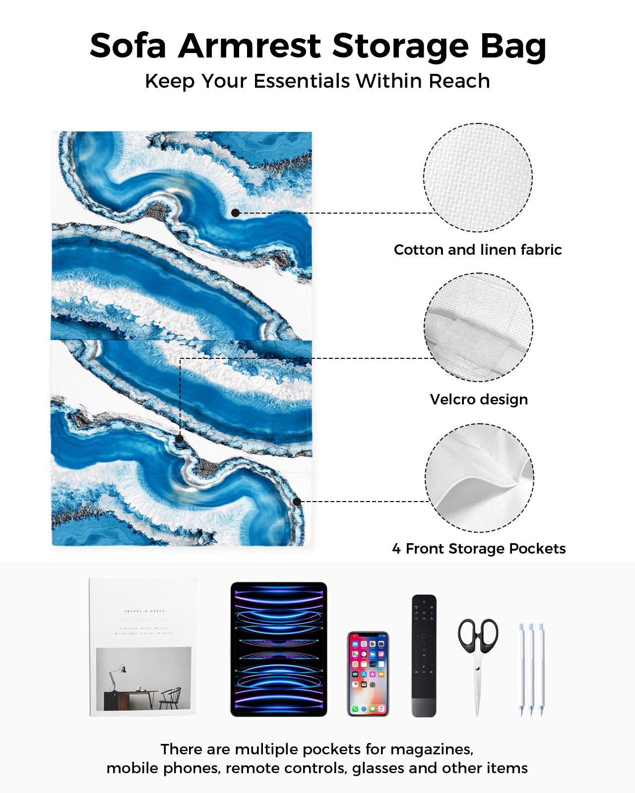 Blue Agate Remote Control Holder - Modern White Marble Geometric Couch Caddy with 5 Pockets for Phone, Cup & Magazine (19.7
