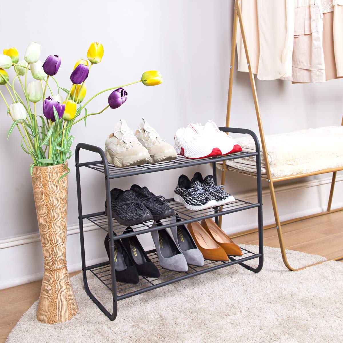 MAX Houser 3-Tier Metal Shoe Rack - Sturdy Free Standing Shoe Storage Organizer with Wire Grid Design - Space Saving Shoe Tower for Closet, Bedroom, Entryway - Gunmetal Finish - Perfect for Small Spaces & Shoe Organization