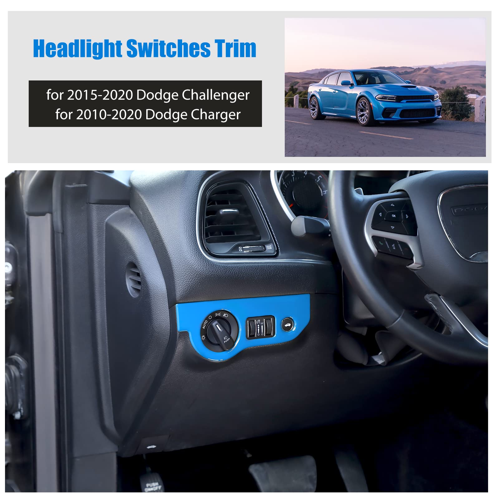 Voodonala ABS Right Blue Headlight Switch Trim for 2015-2023 Dodge Challenger & 2010-2022 Dodge Charger | Replacement Interior Accessory | Perfect for Night Driving & Car Customization