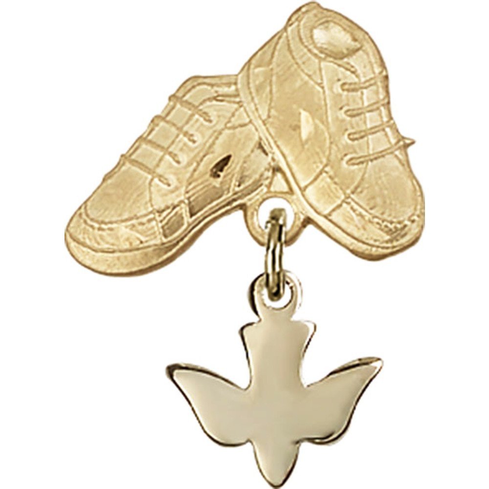7/8 X 5/8 Inch Gold Filled Baby Badge with Holy Spirit Charm & Baby Boots Pin - Perfect for Christening Gifts, Baby Showers & Baptism Keepsakes