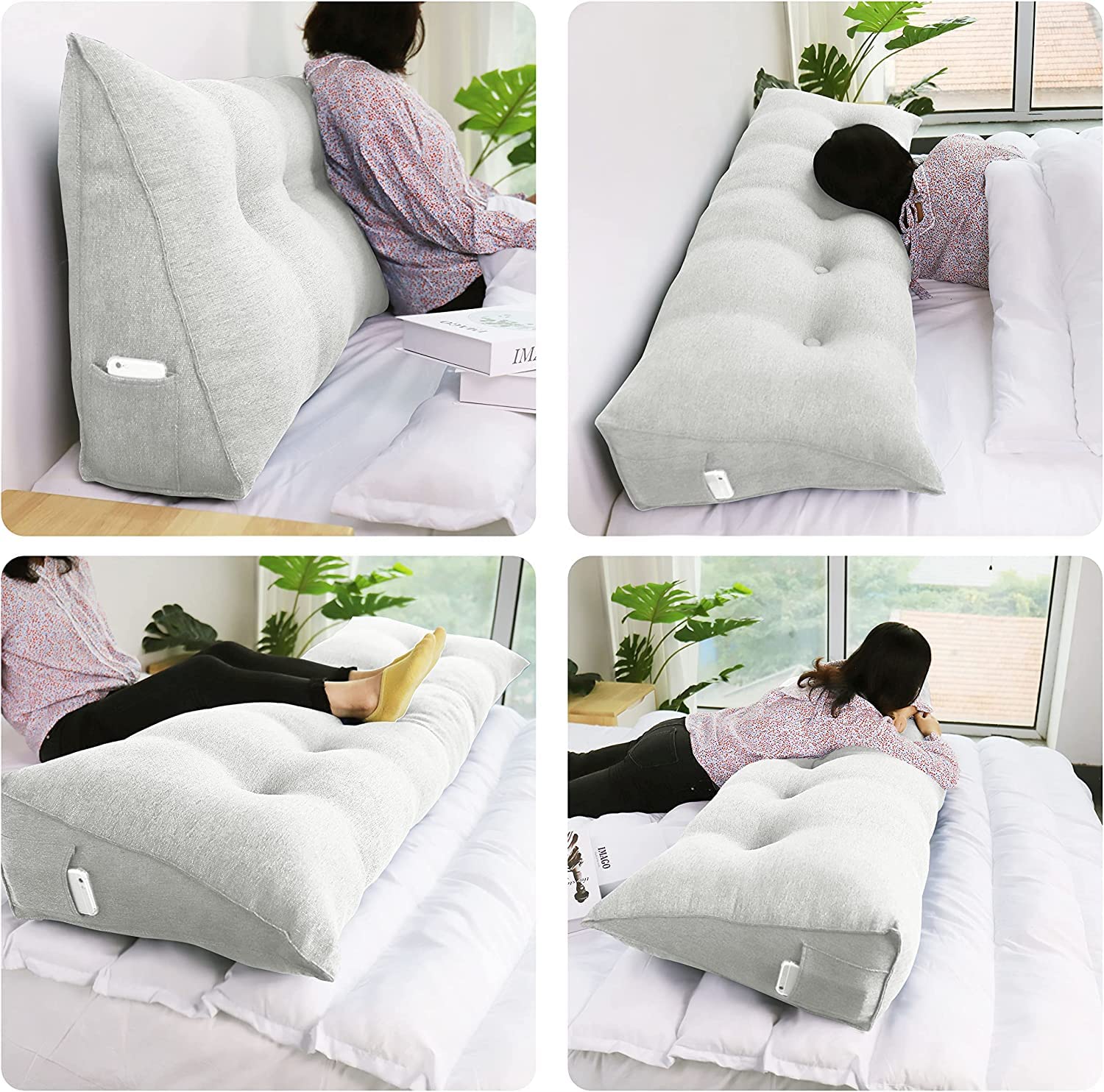 WOWMAX King Size Triangular Headboard Wedge Pillow with Removable Cover - Grey Beige Bolster Pillow for Daybeds, Bunk Beds & Back Support | Perfect for Reading, Watching TV & Lounging in Bed