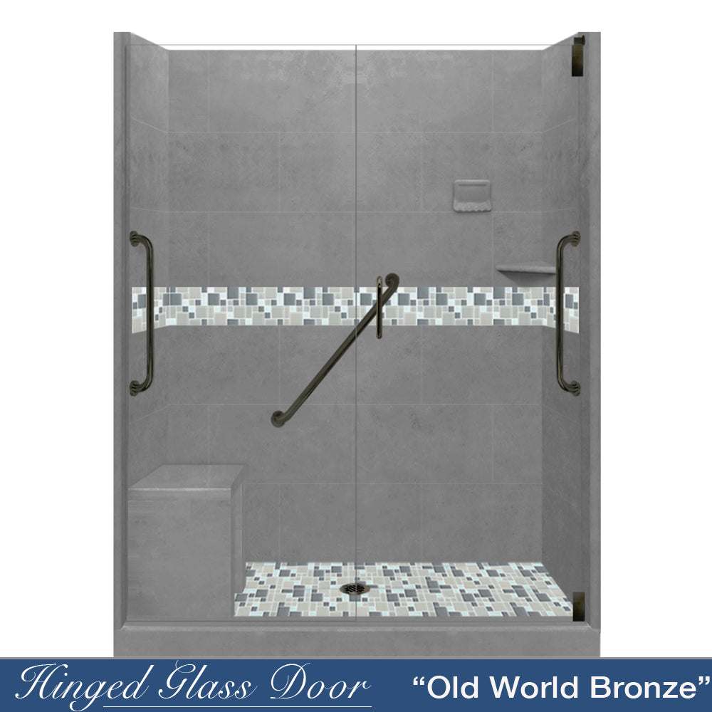 Freedom 60 Alcove Wet Cement Sistine Stone & Newport Mosaic Accent Tile - DIY Shower Remodel Kit for Bathroom Renovation | Waterproof Backsplash & Shower Wall Tile Installation