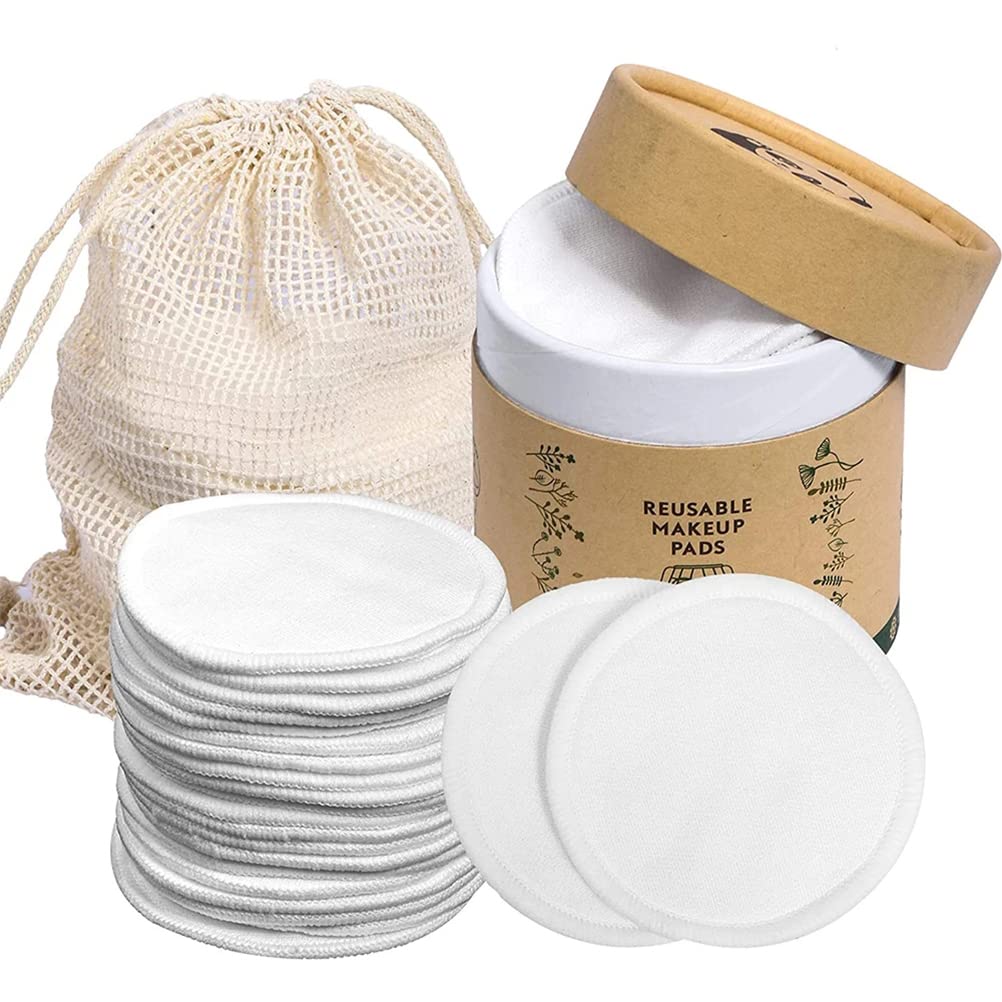 20 Pcs Reusable Bamboo Makeup Remover Pads - Eco-Friendly Washable Face Cleansing Rounds with Storage Box & Laundry Bag (White) | Gentle Makeup Removal, Daily Skincare & Travel Essentials