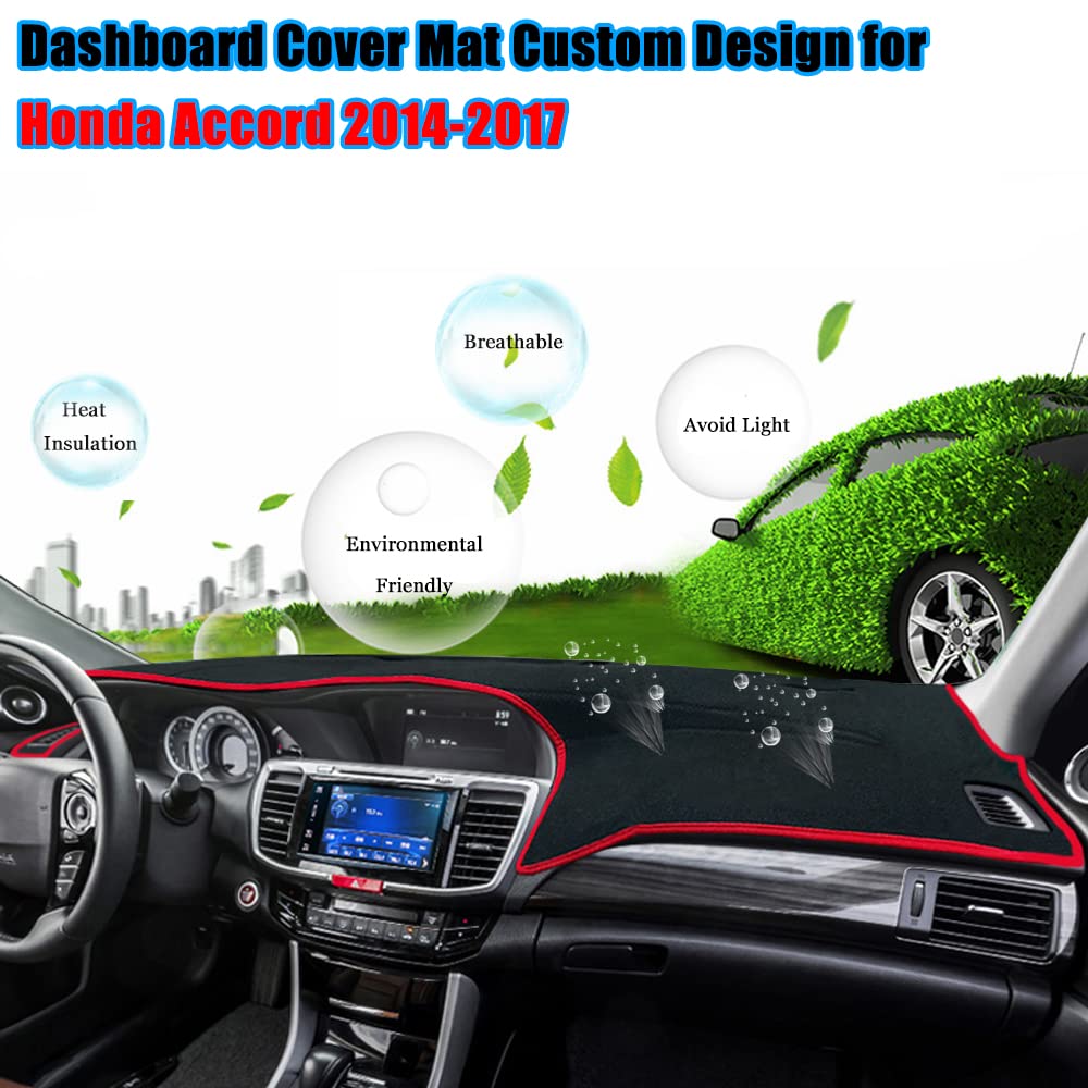 Custom Fit Dashboard Cover Mat for 2014-2017 Honda Accord - Anti-Slip Center Console Protector with Red Edge Trim | Perfect for Sun Protection & Interior Decoration