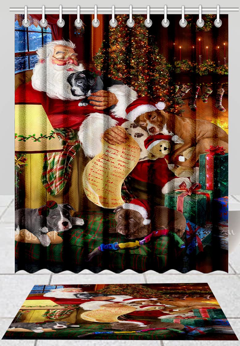 Santa Sleeping with Pitbull Dog Shower Curtain and Bath Mat Set - Non-Slip Bathroom Decor, Plush Rug Mat & Polyester Bathtub Curtain with Hooks (Bath Mat 16''x28'', Shower Curtain 72''x84'') - Perfect for Christmas Themed Bathrooms, Pet Lover Gifts, and Cozy Holiday Home Decor