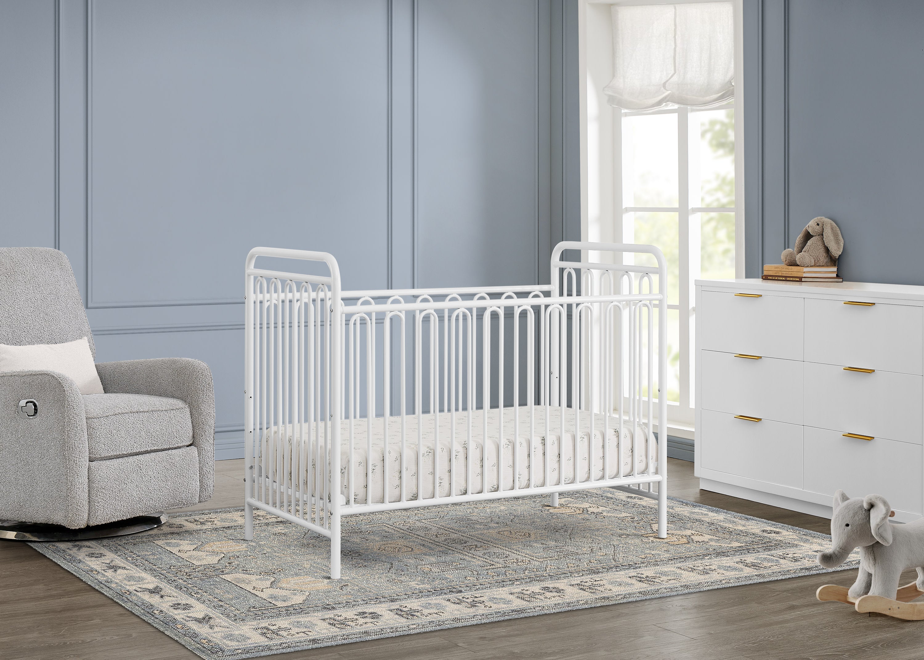 Darcy 4-in-1 Convertible Metal Baby Crib - Toddler Bed, Daybed & Full-Size Bed Conversion - Modern Nursery Furniture for Newborns to Teens (White) | Perfect for Small Spaces & Growing Families