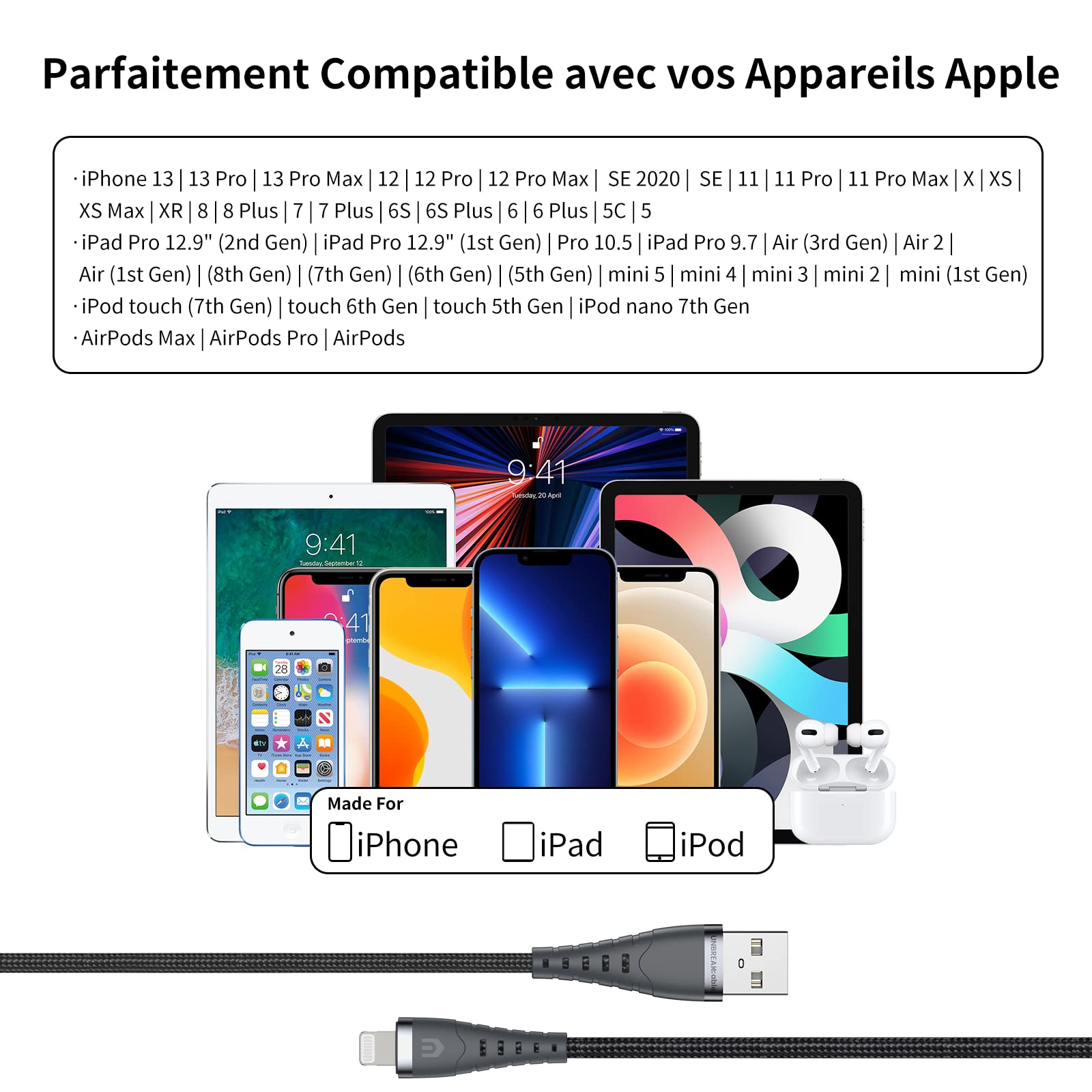 UNBREAKcable iPhone Charger Cable [Apple MFi Certified] - Durable Nylon Braided Lightning Cable for iPhone 14/13/12/11 Pro Max/XS/XR/X/8/7/6s/6 Plus/SE & iPad - Fast Charging & Data Sync - Perfect for Home, Office & Travel (1M/3.3ft)