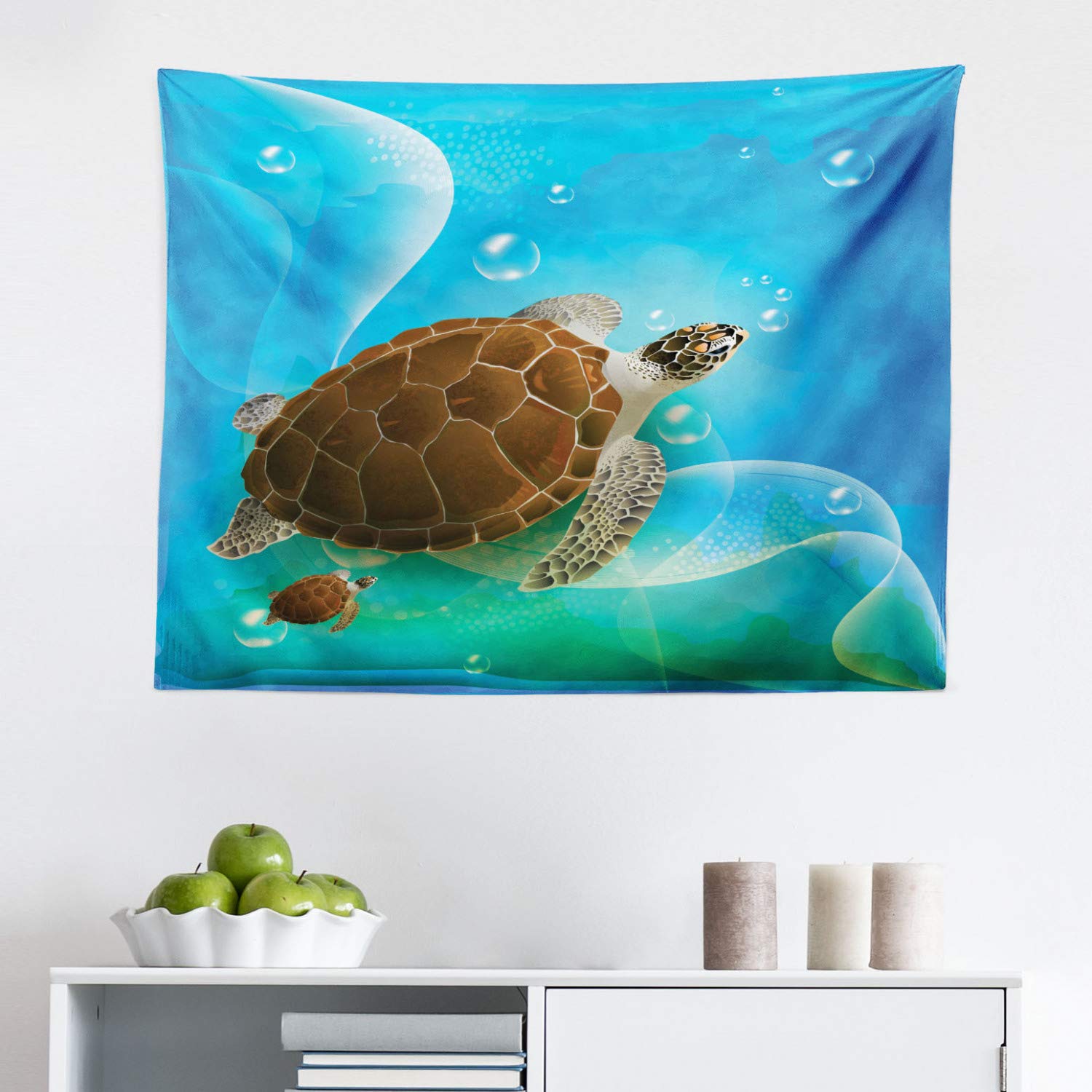 Ambesonne Ocean Tapestry - Turtle Family Swimming in Underwater World with Bubbles, Cartoon Style Wall Art Decor for Bedroom, Living Room, Dorm | 28x23 Inch Blue Green Brown Fabric Hanging | Perfect for Beach Theme Rooms, Kids' Nursery & Boho Home Decor