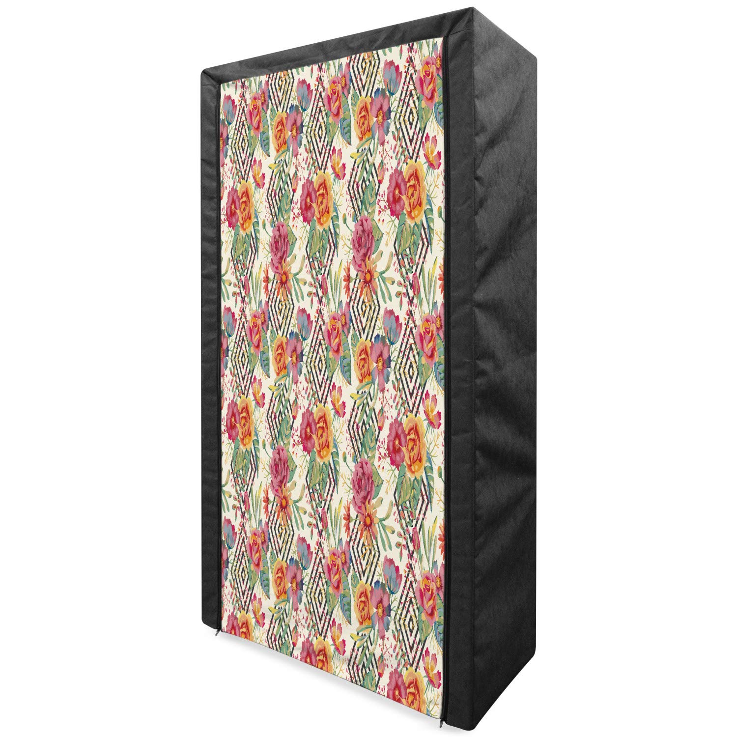 Ambesonne Watercolor Fabric Wardrobe - Diamond Shaped Rectangles Pattern with Hand Drawn Plants, Portable Clothing Organizer & Storage Closet with Shelves, 33.5 Inch Multicolor - Perfect for Bedroom, Closet Organization, Dorm Room & Small Space Storage