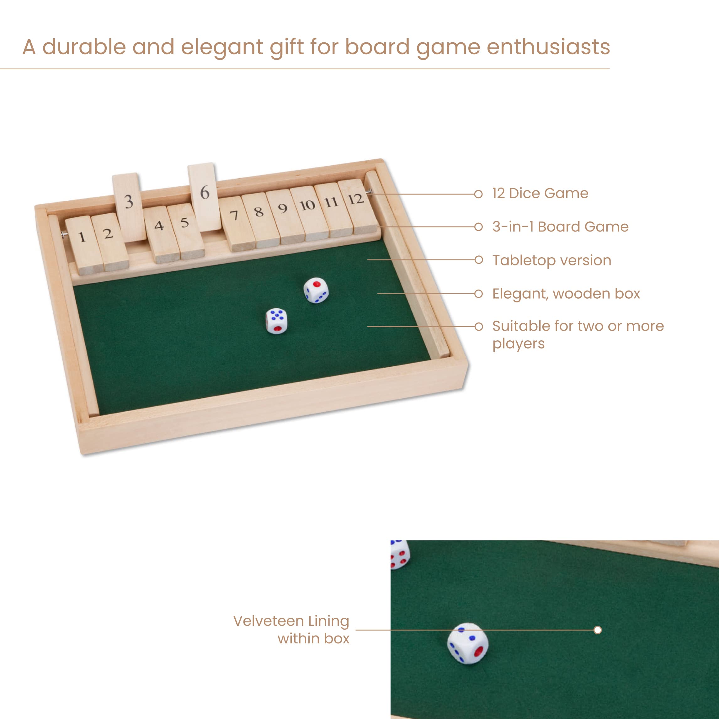 Shut The Box Game - Large 3-in-1 Wooden Board Game with 12 Dice & 2 Bonus Dice - Classic Pub Tabletop Game for Adults & Family Game Night - Perfect for Parties, Pubs, and Home Entertainment