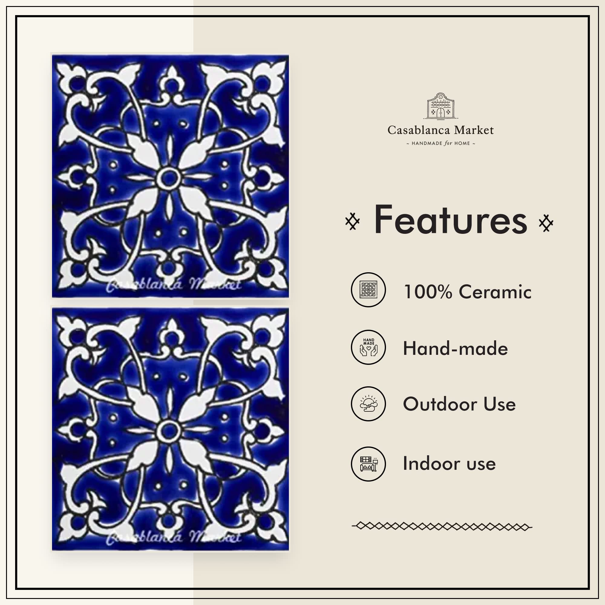 Casablanca Market MT002 Mediterranean Ceramic Azur Decorative Tile - Handmade Blue Mosaic Wall Tile for Kitchen Backsplash, Bathroom, and Outdoor Decor