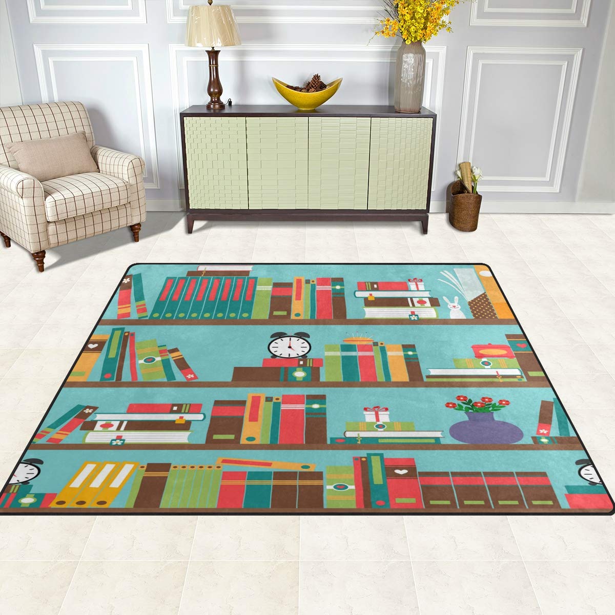 ALAZA Cartoon Stylish Bookshelf Bookworm Area Rug - 7' x 5' Non-Slip Living Room & Bedroom Rug - Perfect for Kids Room, Nursery, and Reading Nook Decor