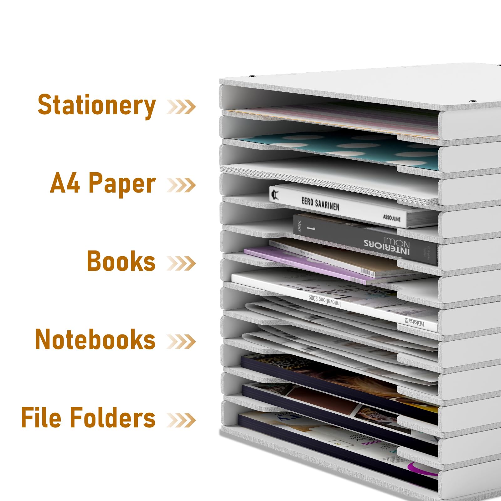 12x12 Scrapbook Paper Organizer - Adjustable 12-Slot Desktop Shelf with Letter Tray, White Paper Storage Rack for Home Office & Craft Room - Perfect for Organizing Scrapbooking Supplies, Office Files, and Stationery