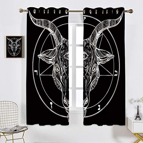 Satanic Goat Head Blackout Curtains 63x63 Inch - Thermal Insulated Room Darkening Window Drapes with Grommets for Living Room, Bedroom & Kitchen | Gothic Home Decor, Horror Theme Room Accessories