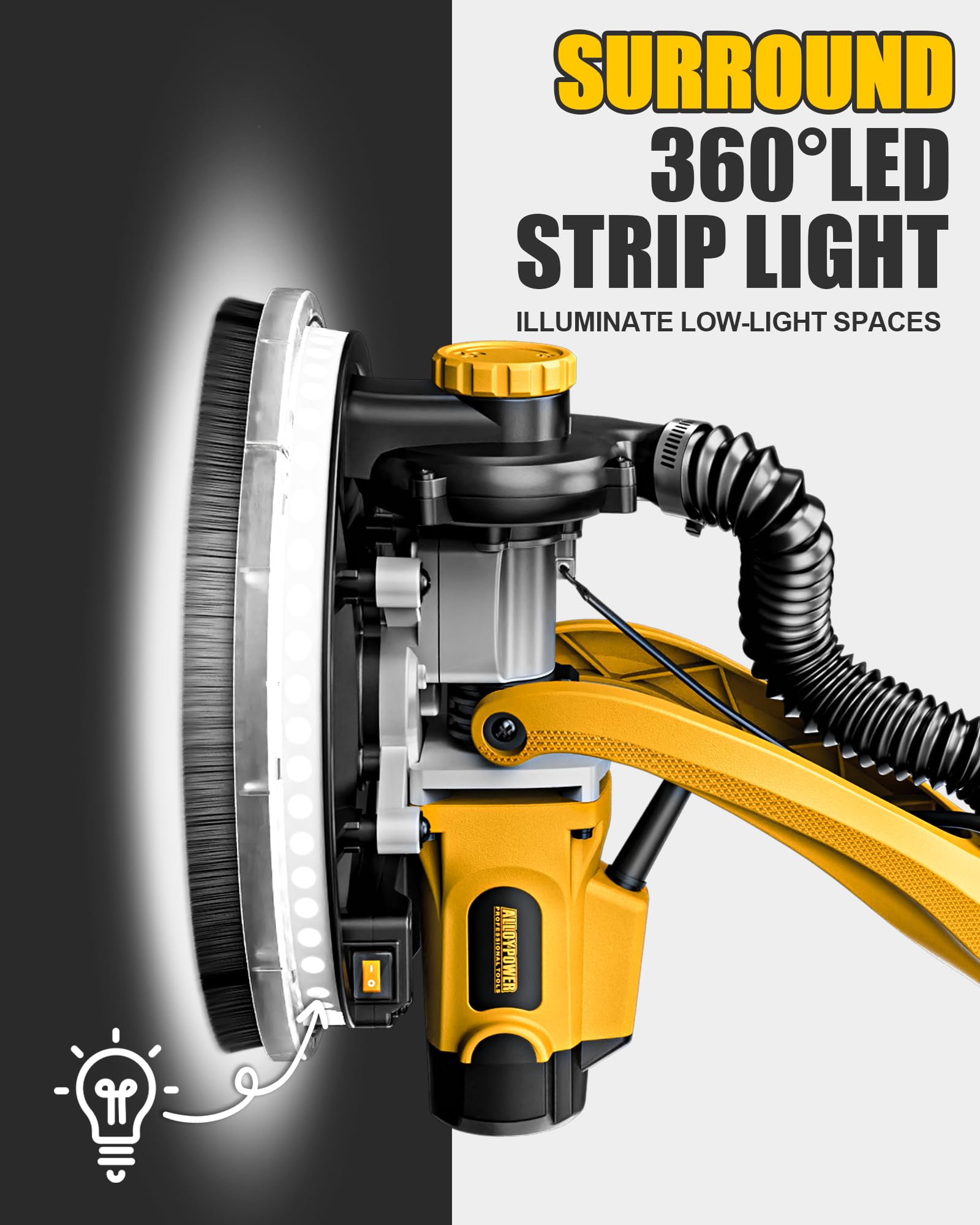 1050W Electric Drywall Sander with Vacuum Dust Collection - 7 Speed Adjustable (2100 RPM) | Double-Deck LED Light, Foldable Handle & Dust Bag | Perfect for Home Renovation & Professional Drywall Sanding