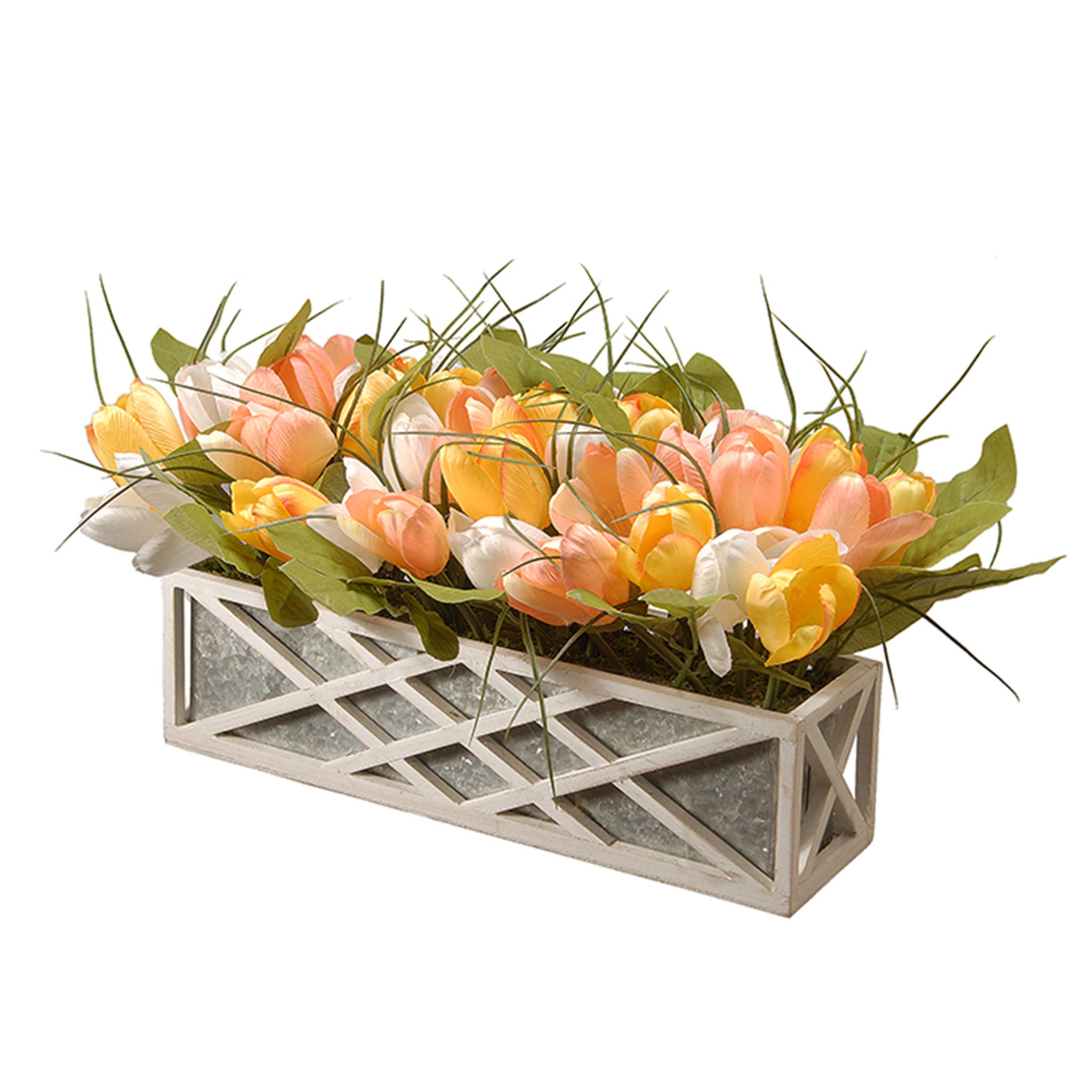 10 Inch Spring Planter Box with Peach, Yellow & White Tulip Blooms - Decorative White Wooden Flower Pot for Home, Garden, Patio & Indoor Decor
