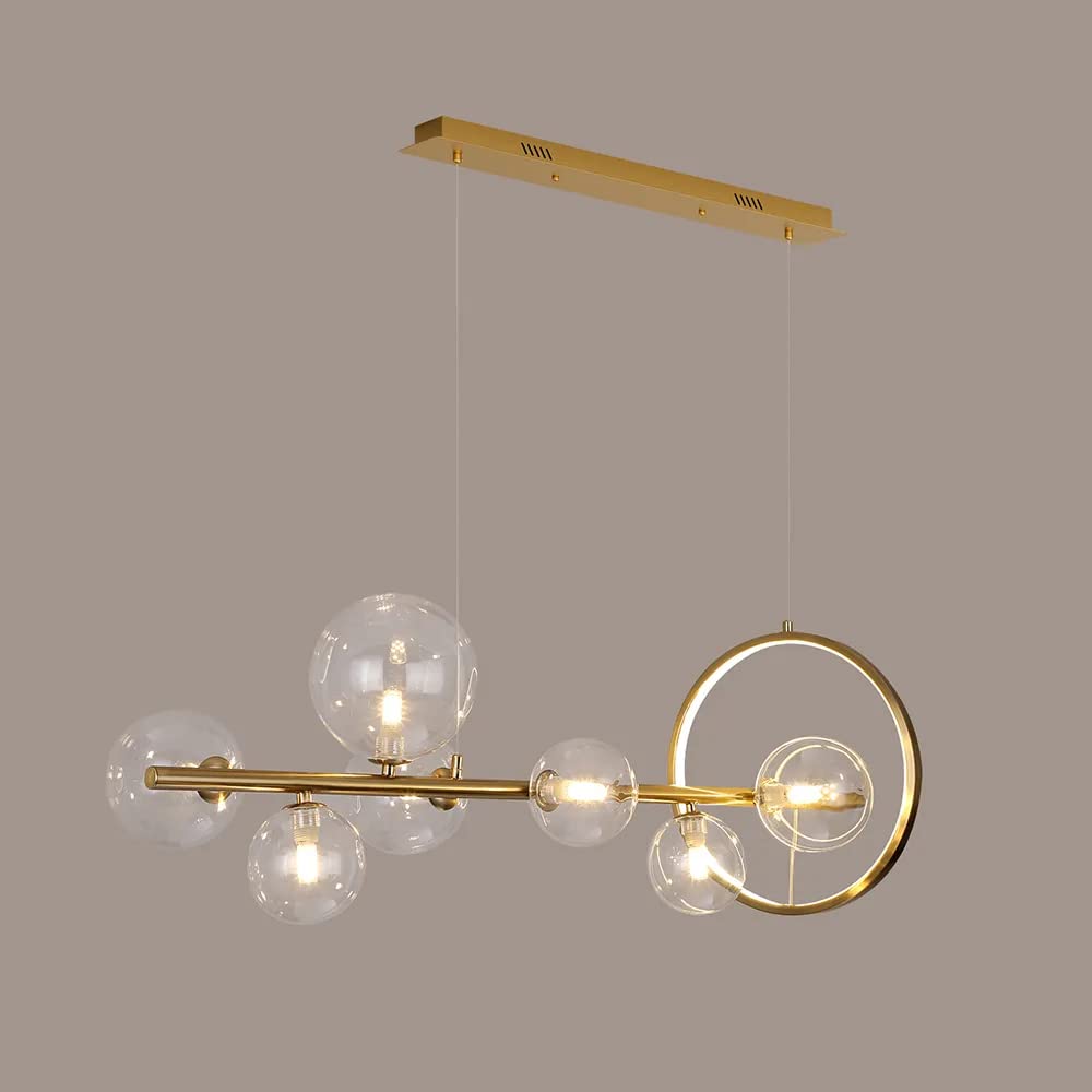 LOVEDIMA Gold Linear Lantern Pendant Lighting - Modern 7-Light Metal Kitchen Island Chandelier with Glass Globe Shade | Hanging Ceiling Light Fixture for Dining Room, Foyer & Farmhouse Decor